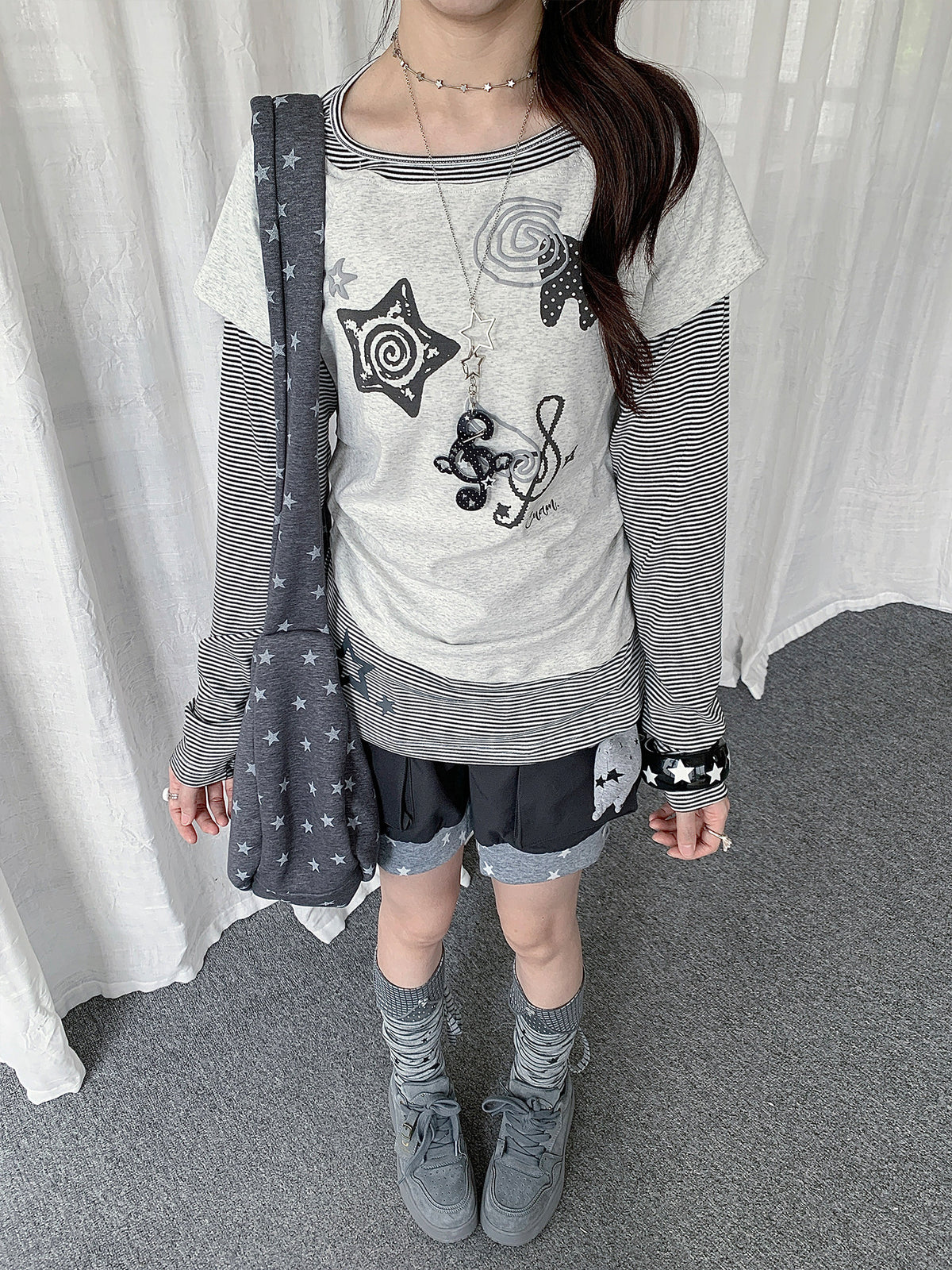 Music Star Faux-Layered Long Sleeve Top