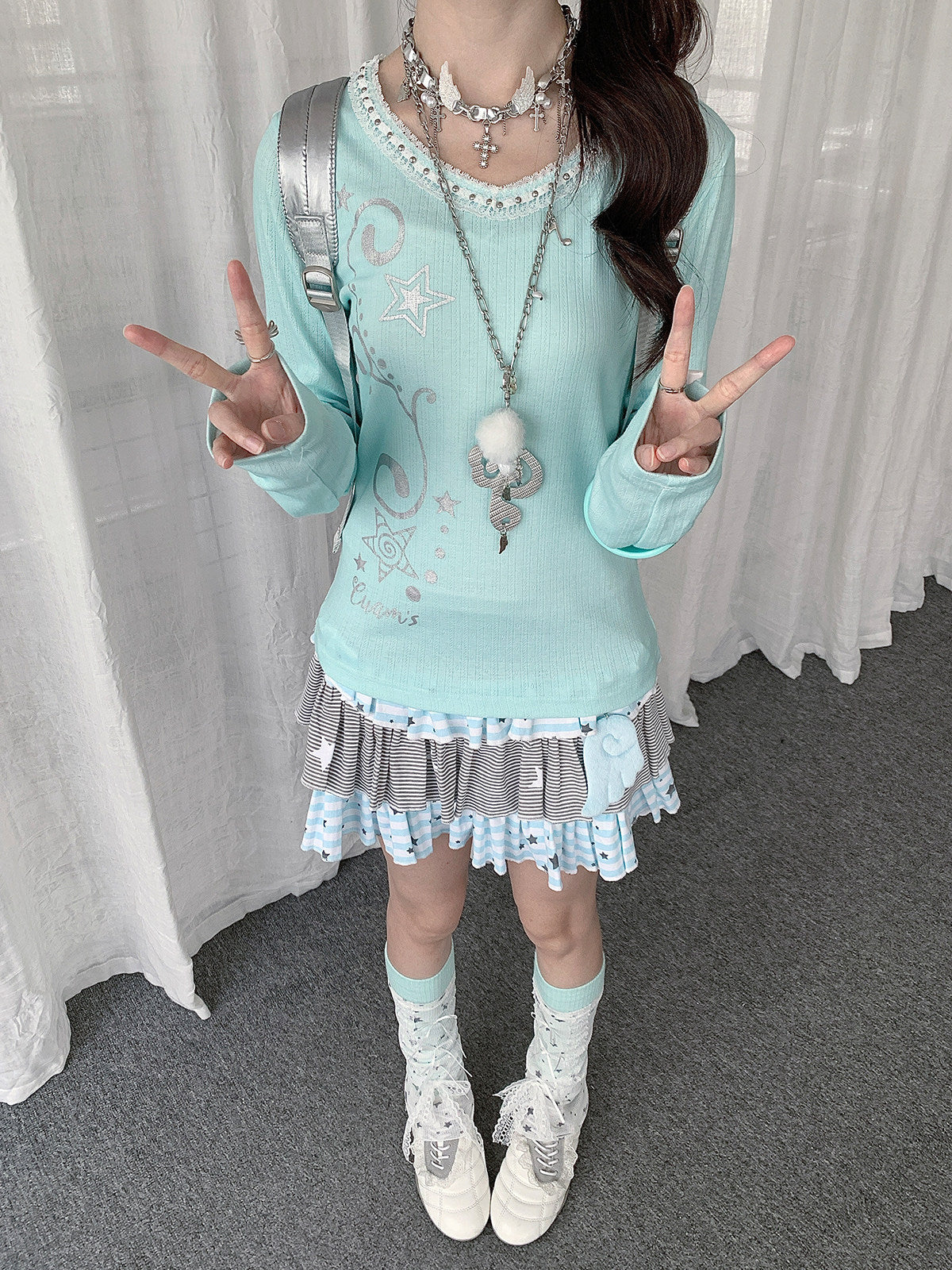 Mint Melody Lace-Trim Studded Long-Sleeve Top