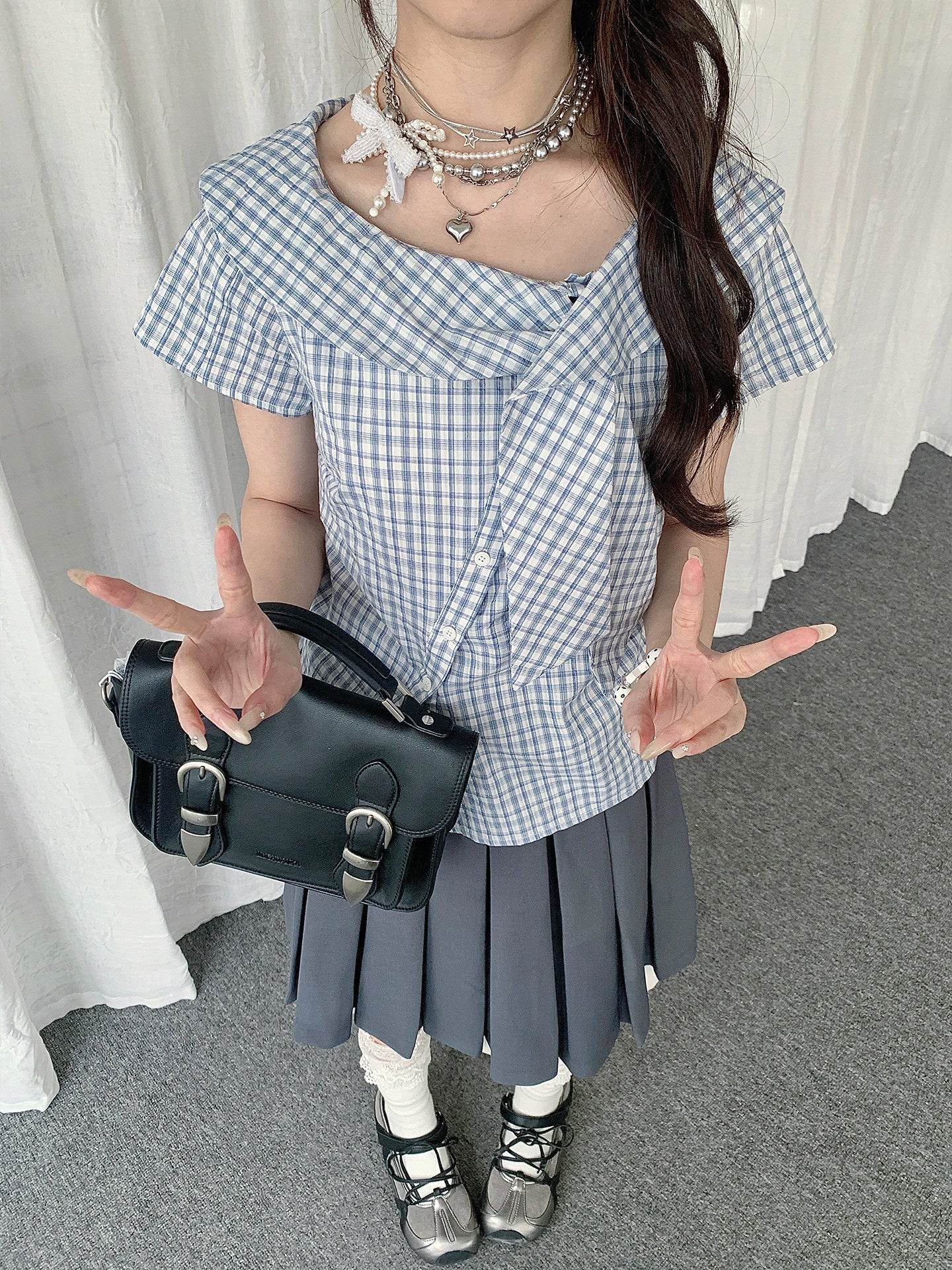 Blue Plaid Asymmetrical Collar Shirt