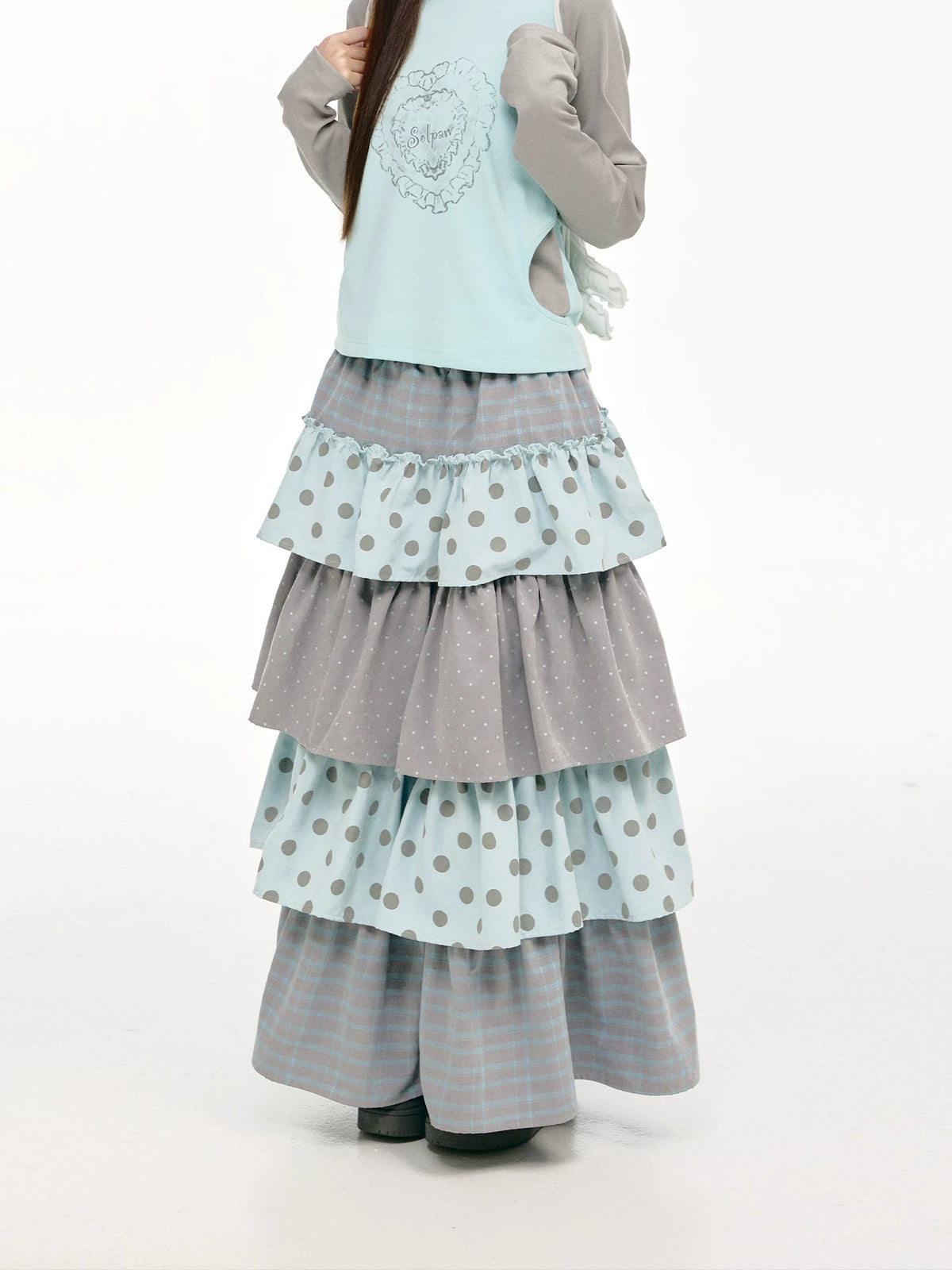 Gray-Blue Polka Dot Tiered Maxi Skirt