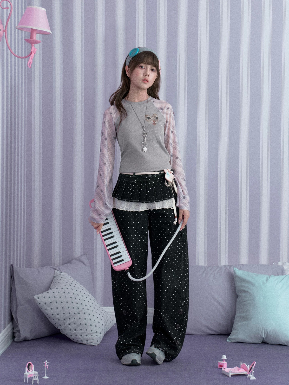 Polka Dot Wide-Leg Jeans & Detachable Lace Layering Skirt