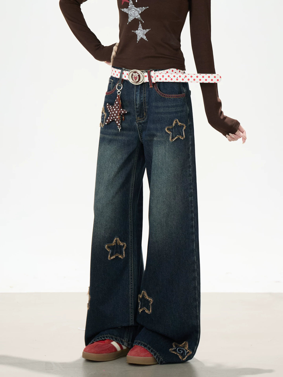 Frayed Star Patch Washed Wide-Leg Jeans