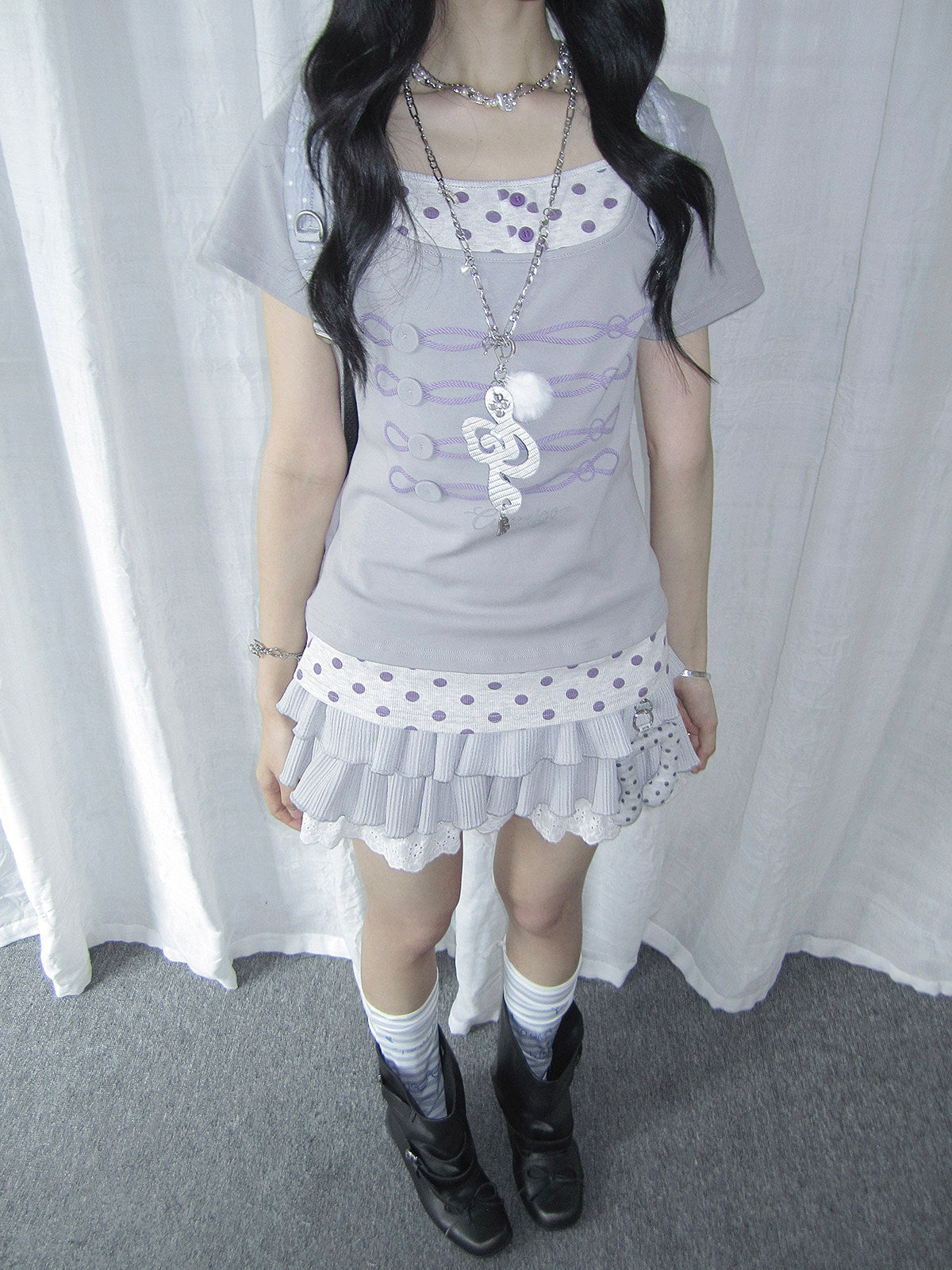 Lilac Polka Dot Faux-Layer Fitted Tee