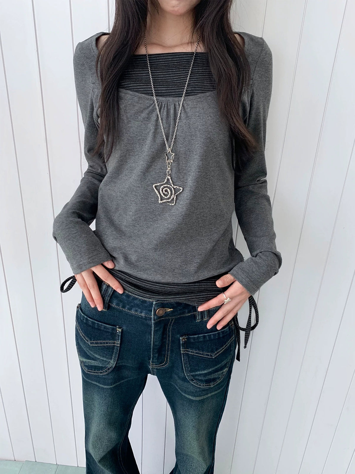 Striped Square-Neck Faux-Layer Drawstring Long Sleeve Top