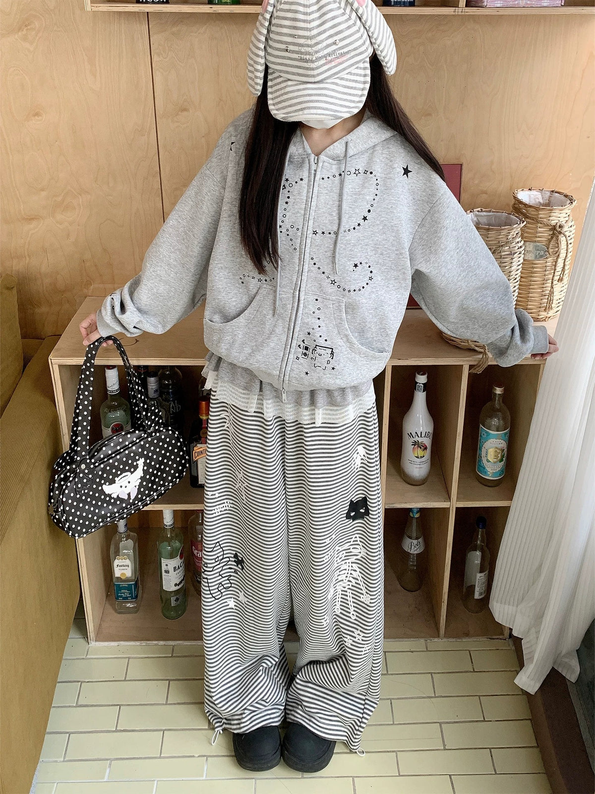 Cartoon Cat Stripe Drawstring Wide-Leg Sweatpants