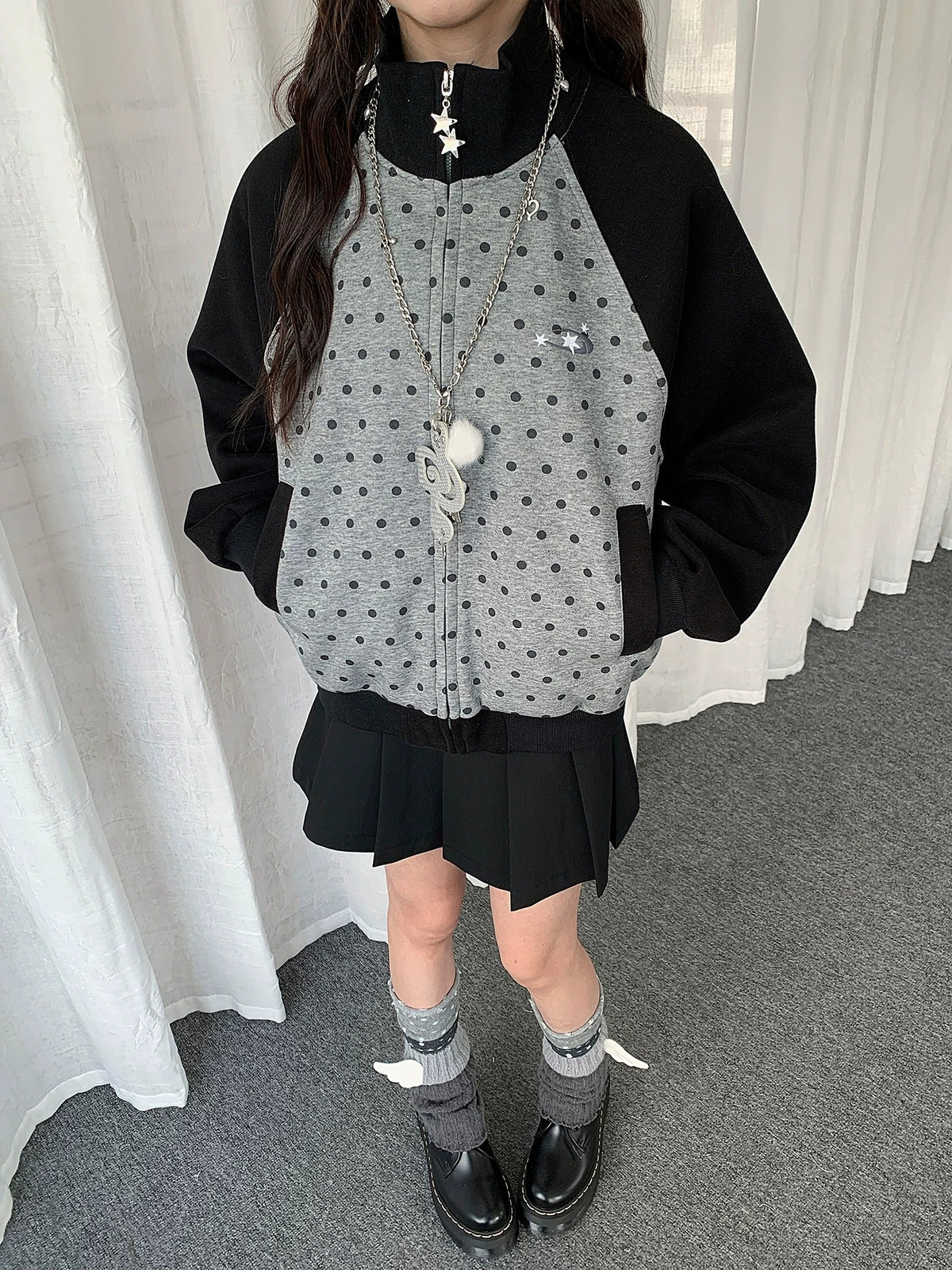 Contrast Polka Dot Zip-Up Jacket
