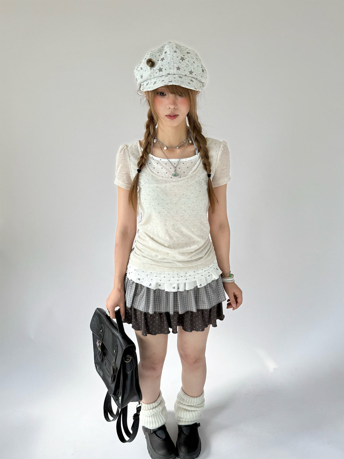 Angel Dot Faux-Layer Ruffle Short Sleeve Top