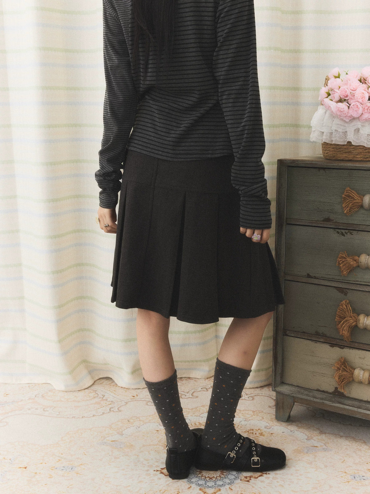 Charcoal Pleated A-Line Skirt