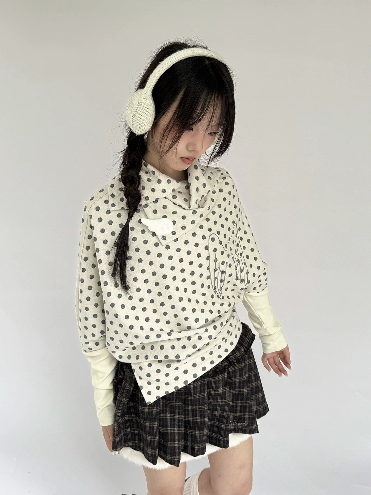 Buttercream Polka Dot Angel Wing Asymmetric Knit Sweater