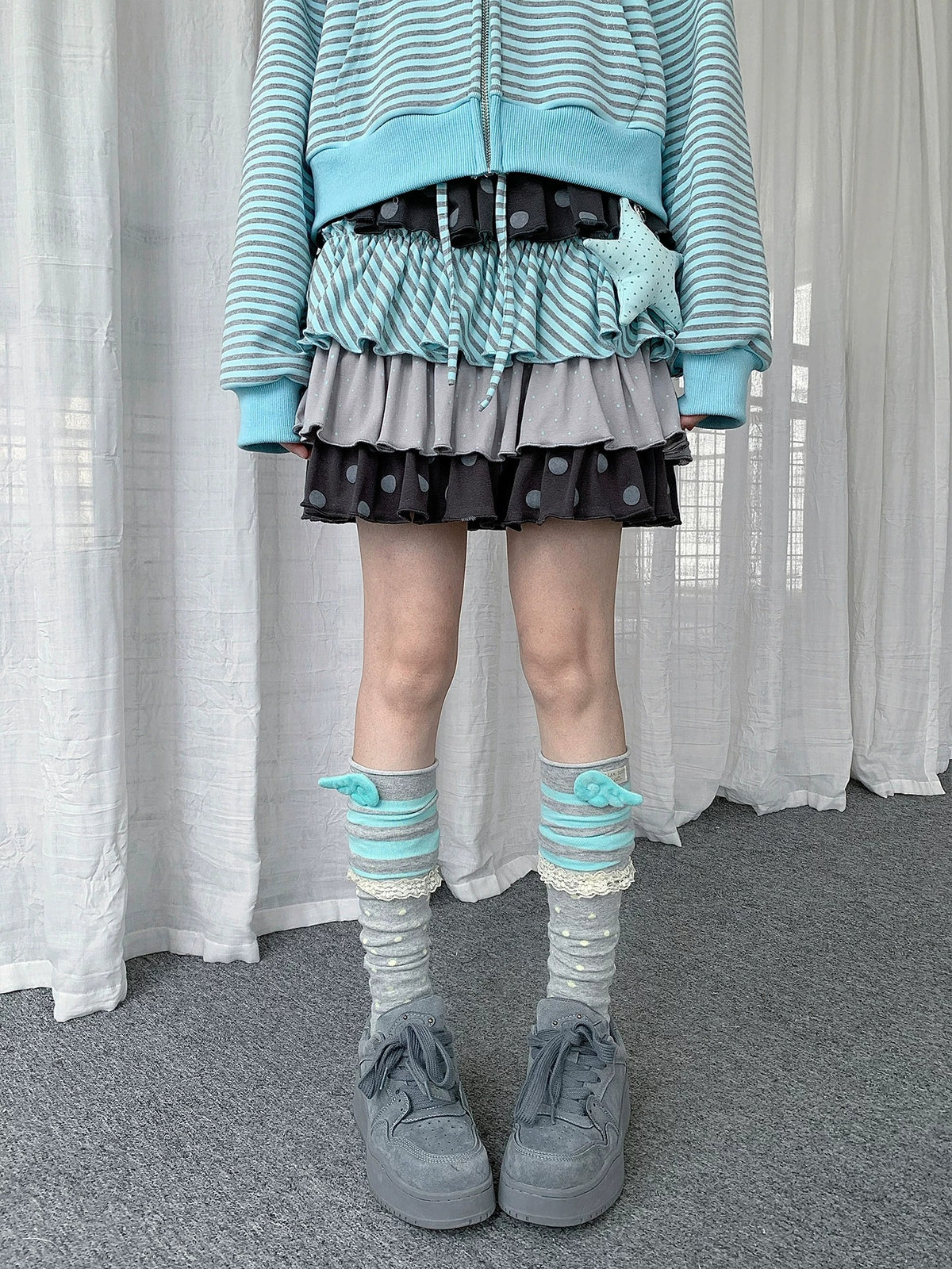 Polka Dot Stripe Tiered Ruffle Mini Skirt