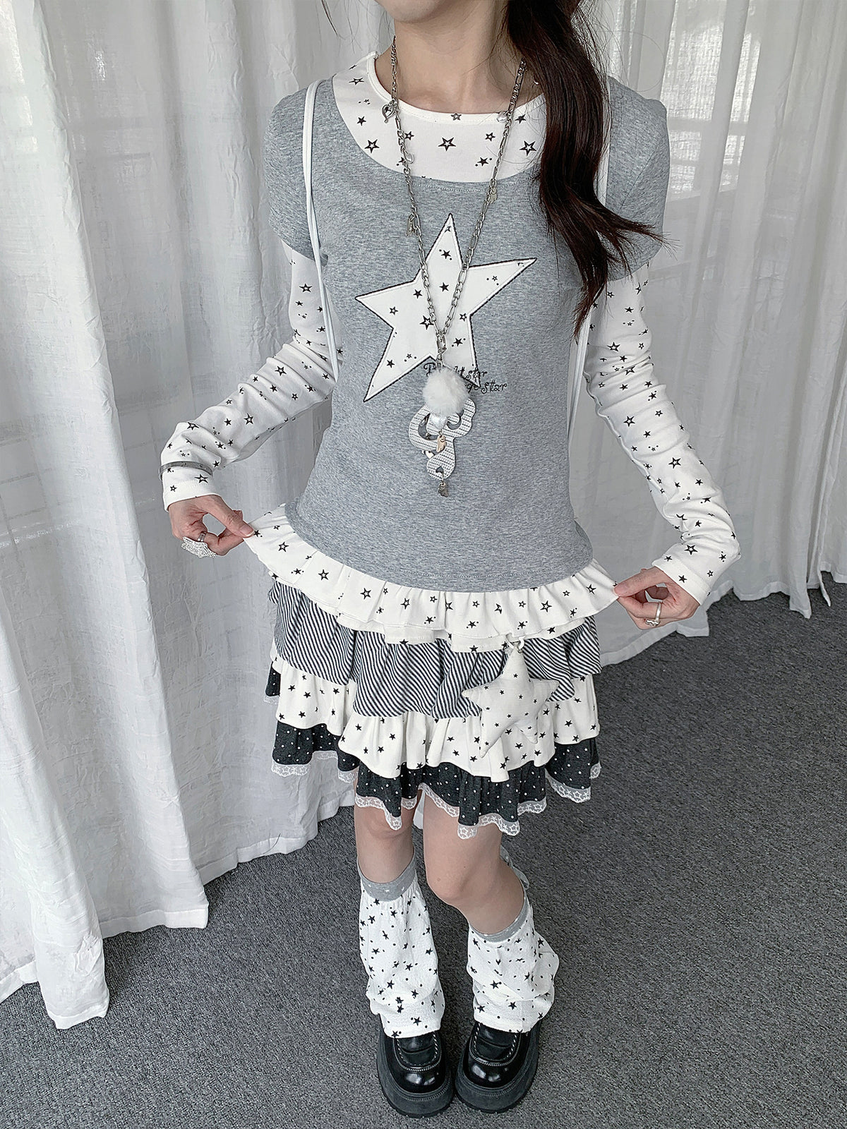 Star Appliqué Layered Long Sleeve Top
