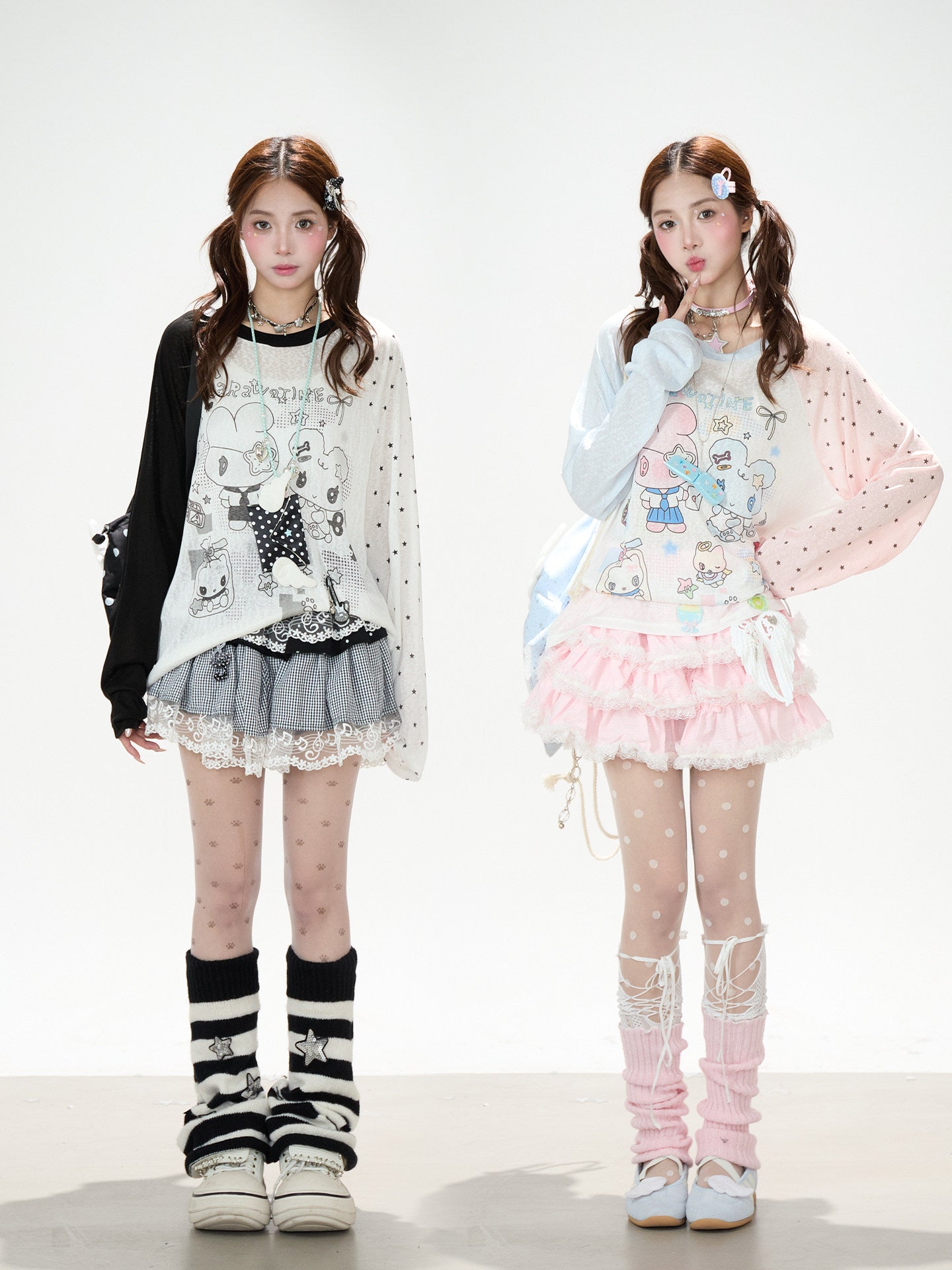 Cartoon Star Sheer Long Sleeve Top & Black Music Lace Gingham Mini Skirt
