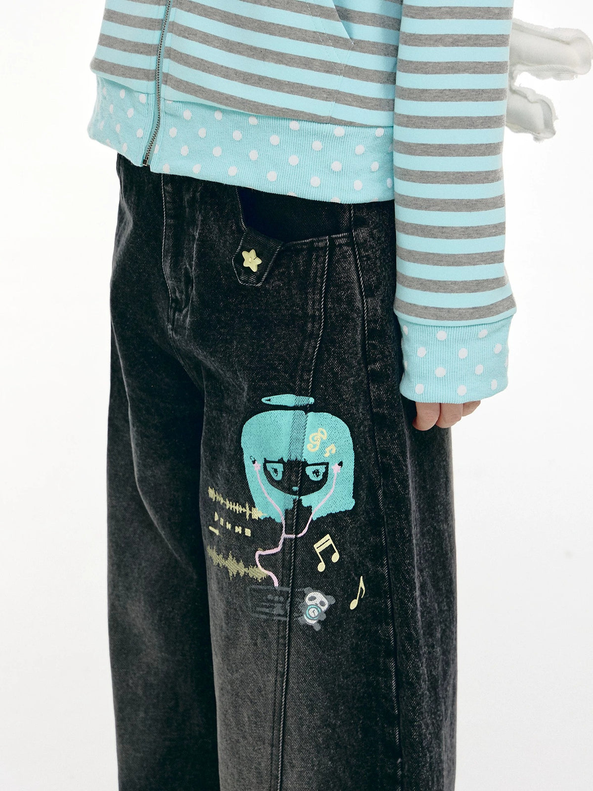 Washed Black Cartoon Music Note Barrel-Leg Jeans