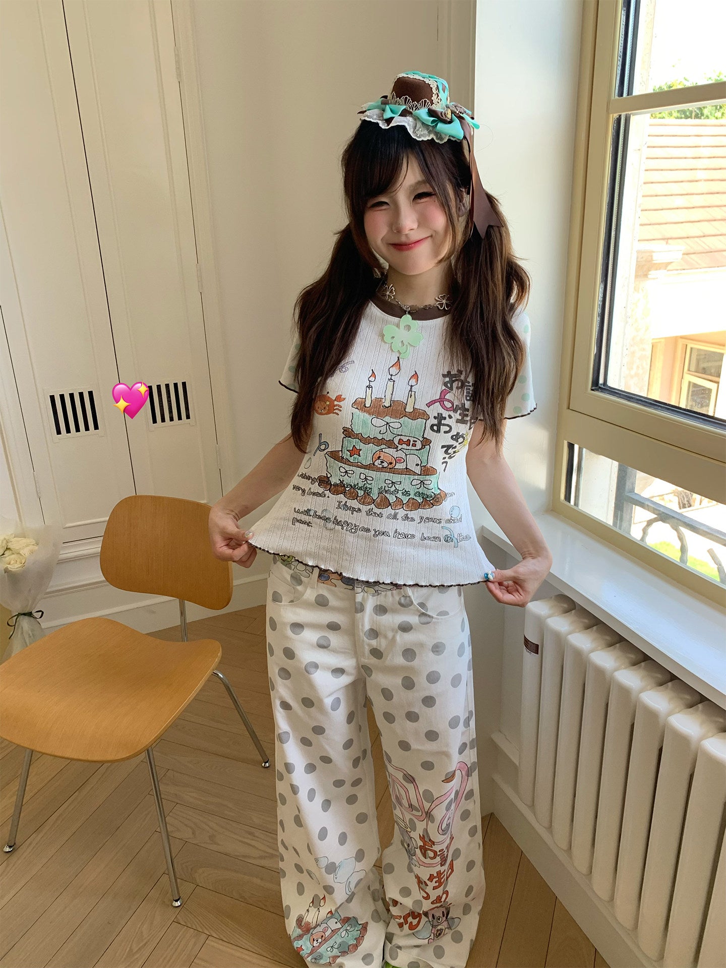 Happy Birthday Bear Gray Polka Dot Wide-Leg Pants