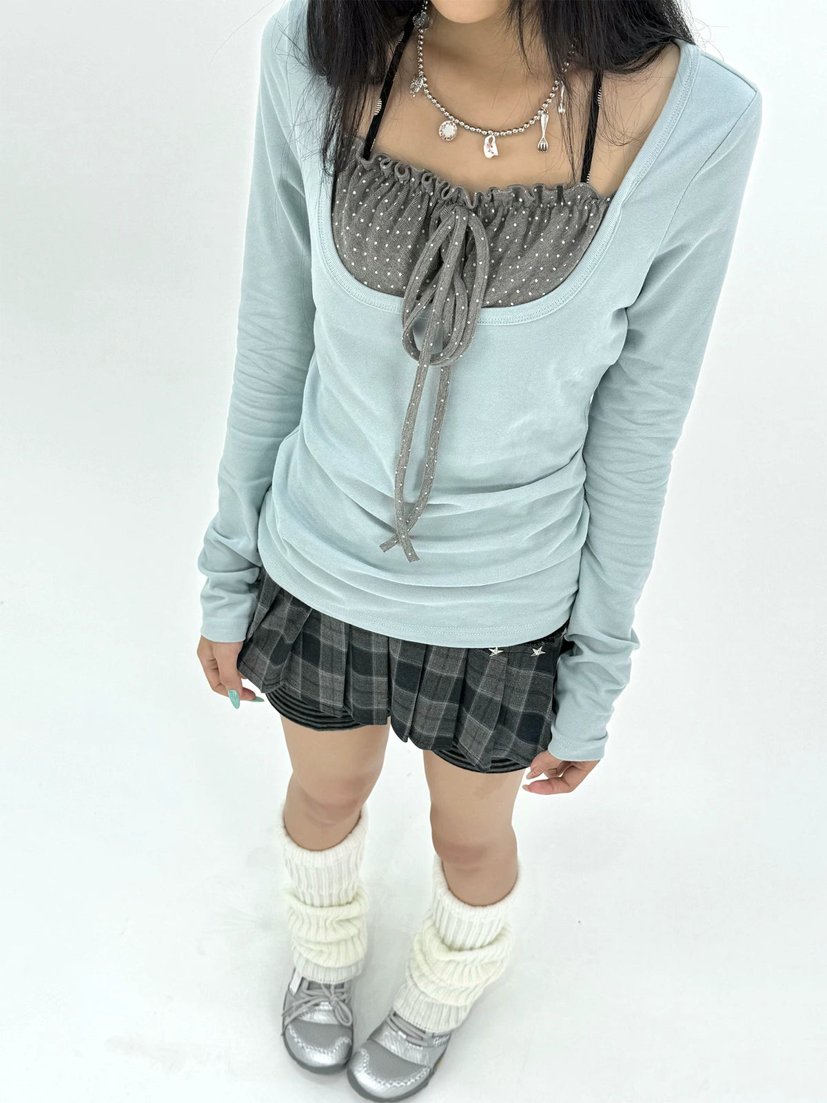 Polka Dot Tie-Front Layered Long Sleeve Top
