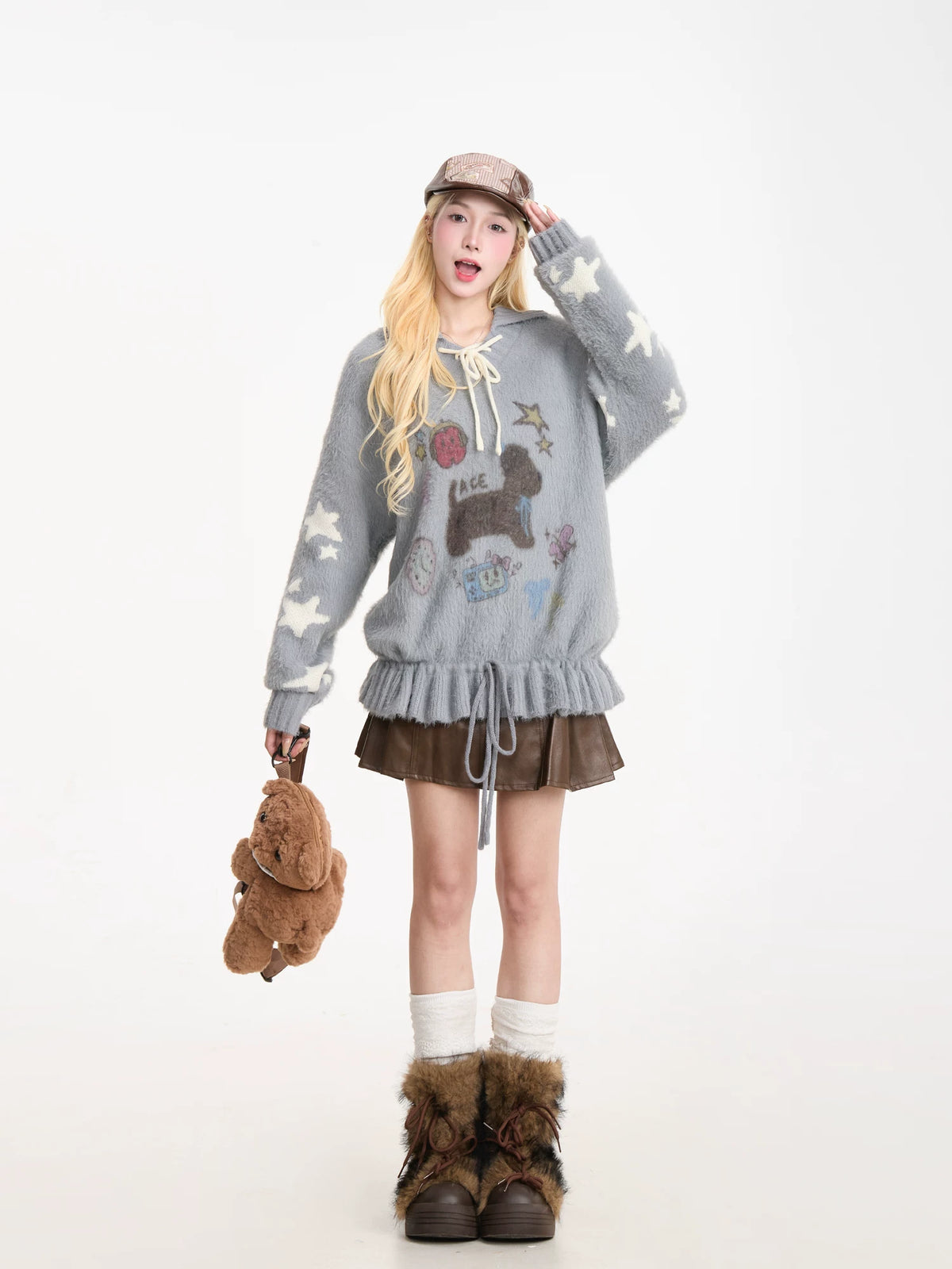 Puppy Graphic Bow-Collar Oversized Knit Sweater