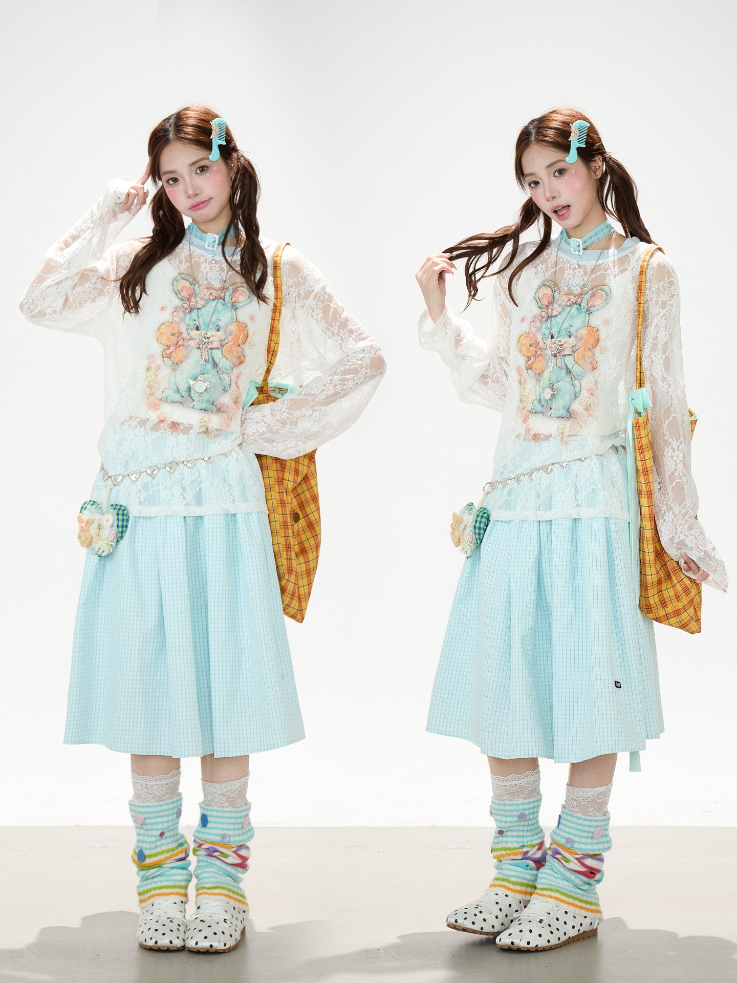 Bunny Sheer Lace Long Sleeve Top & Mint Plaid A-Line Skirt