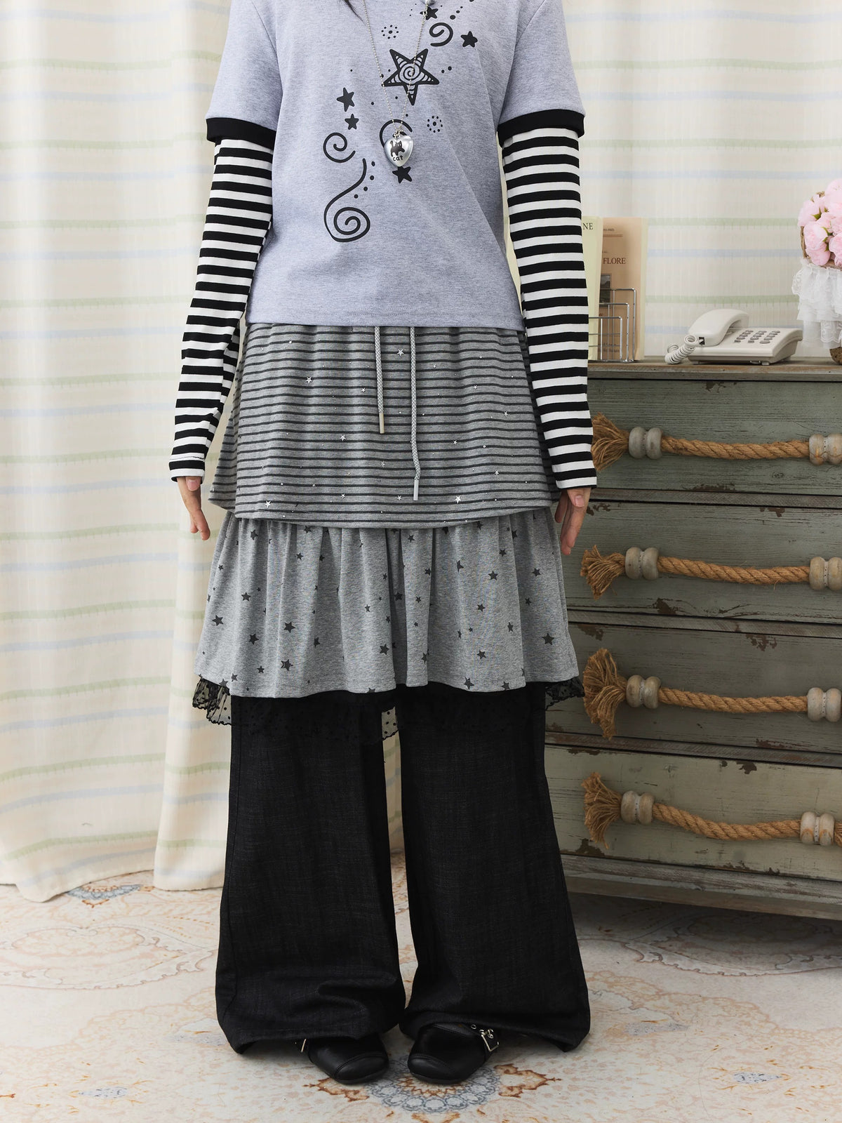 Star Stripe Layered Skirt Wide-Leg Pants