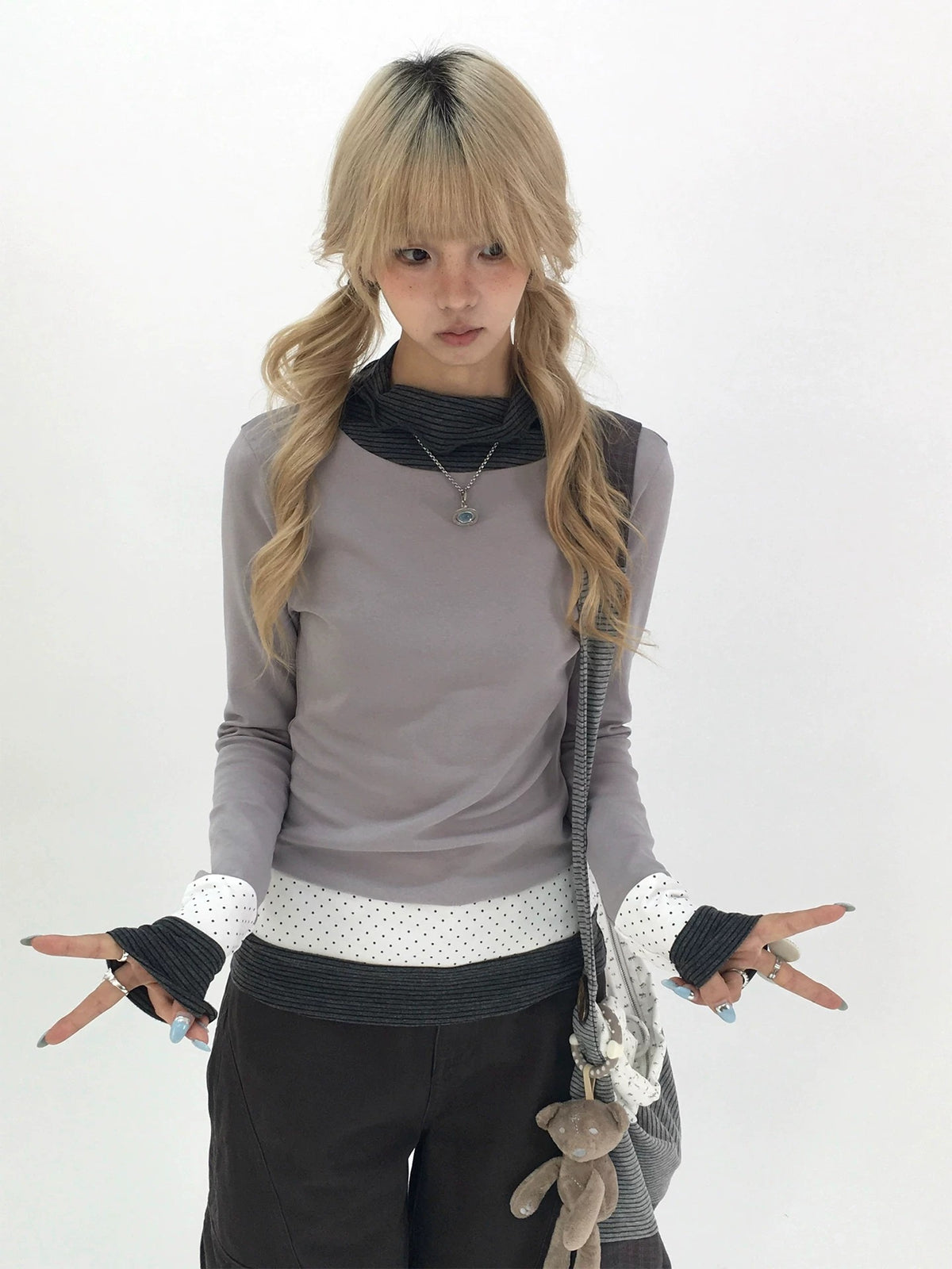 Mist Gray Polka Dot & Stripe Faux-Layer Long Sleeve Top