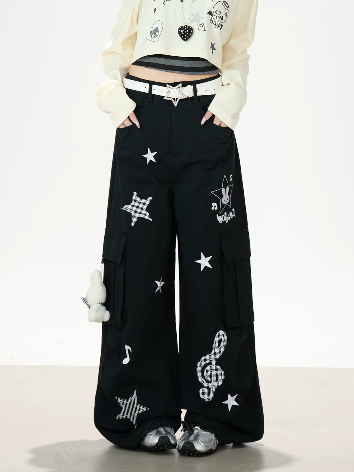 Cartoon Patch Embroidered Wide-Leg Cargo Pants