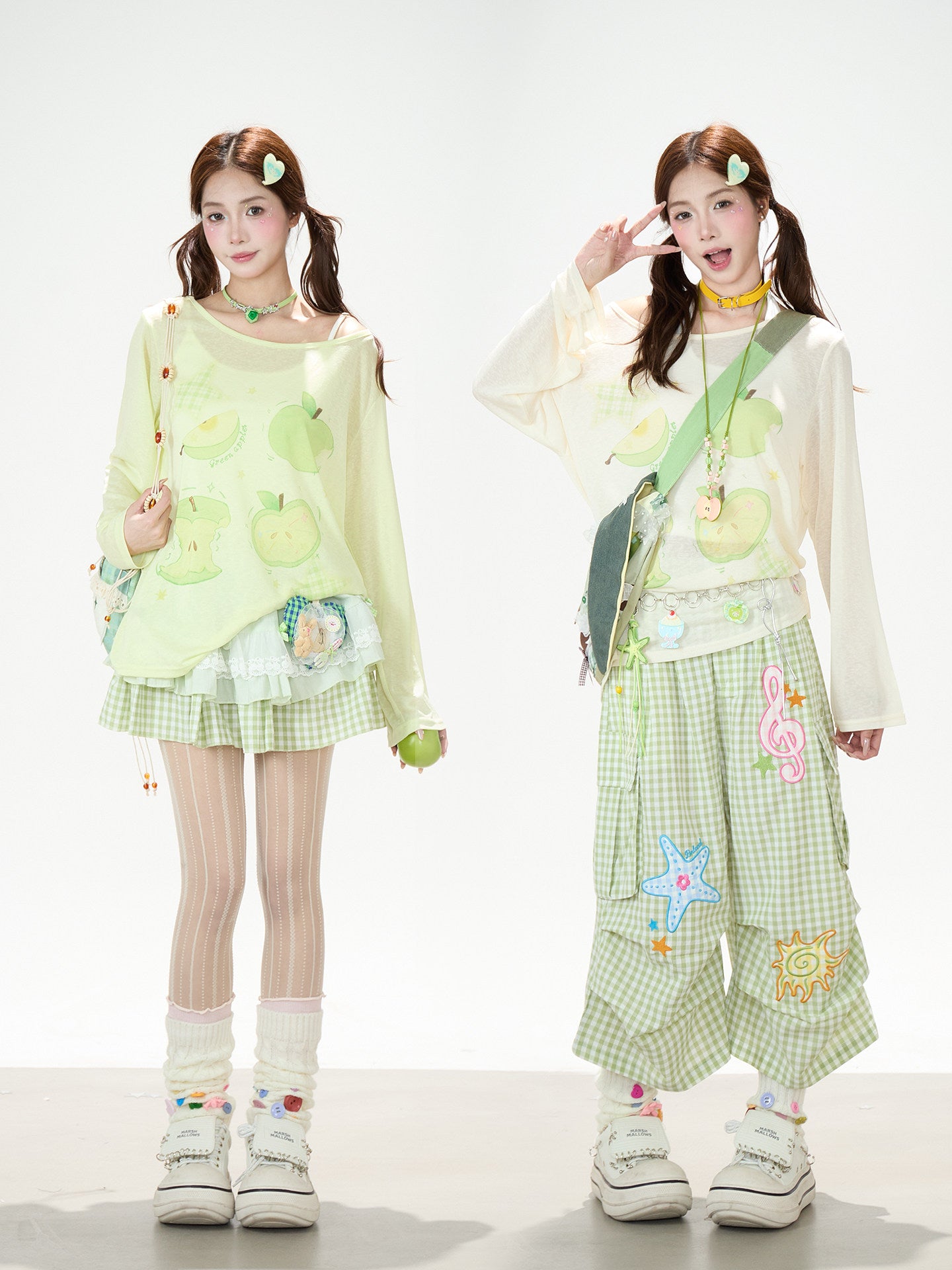 Green Apple Sheer Top & Plaid Doodle Pants
