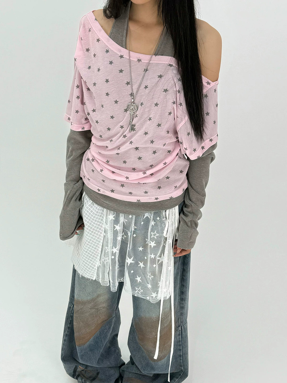 Star Print Faux-Layered Off-Shoulder Long Sleeve Top