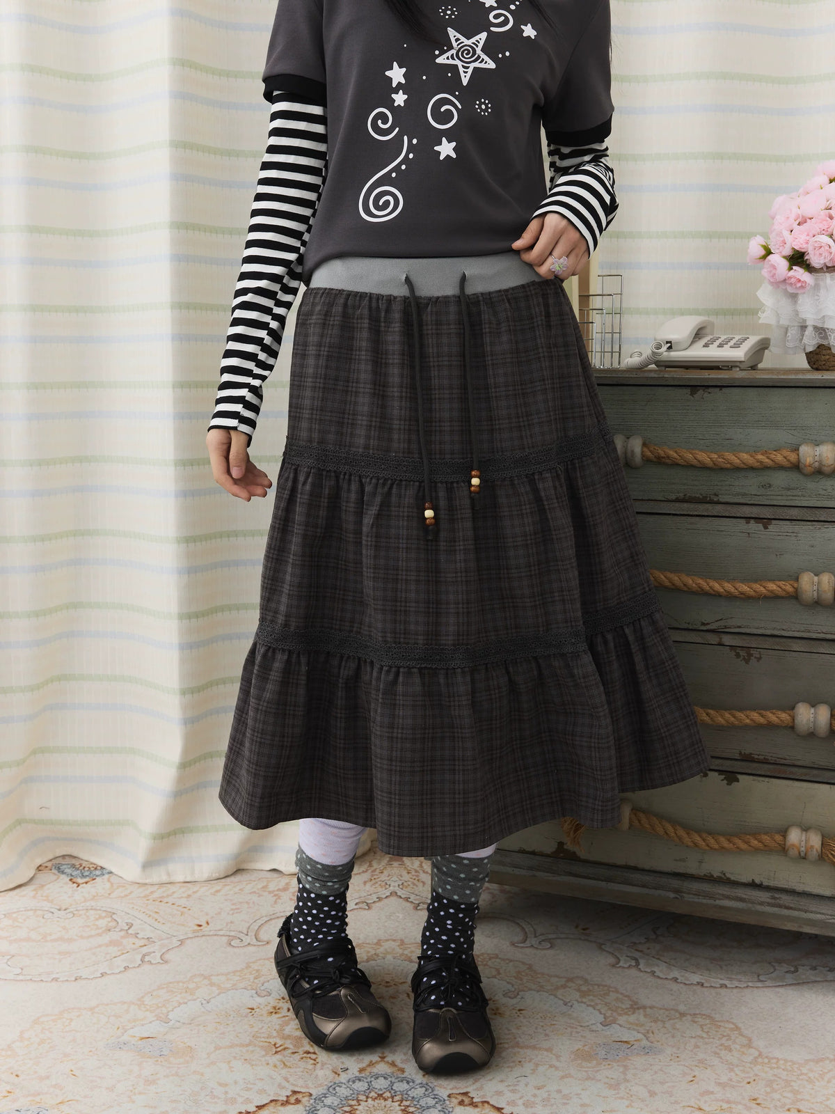 Plaid Tiered Lace Trim Midi Skirt