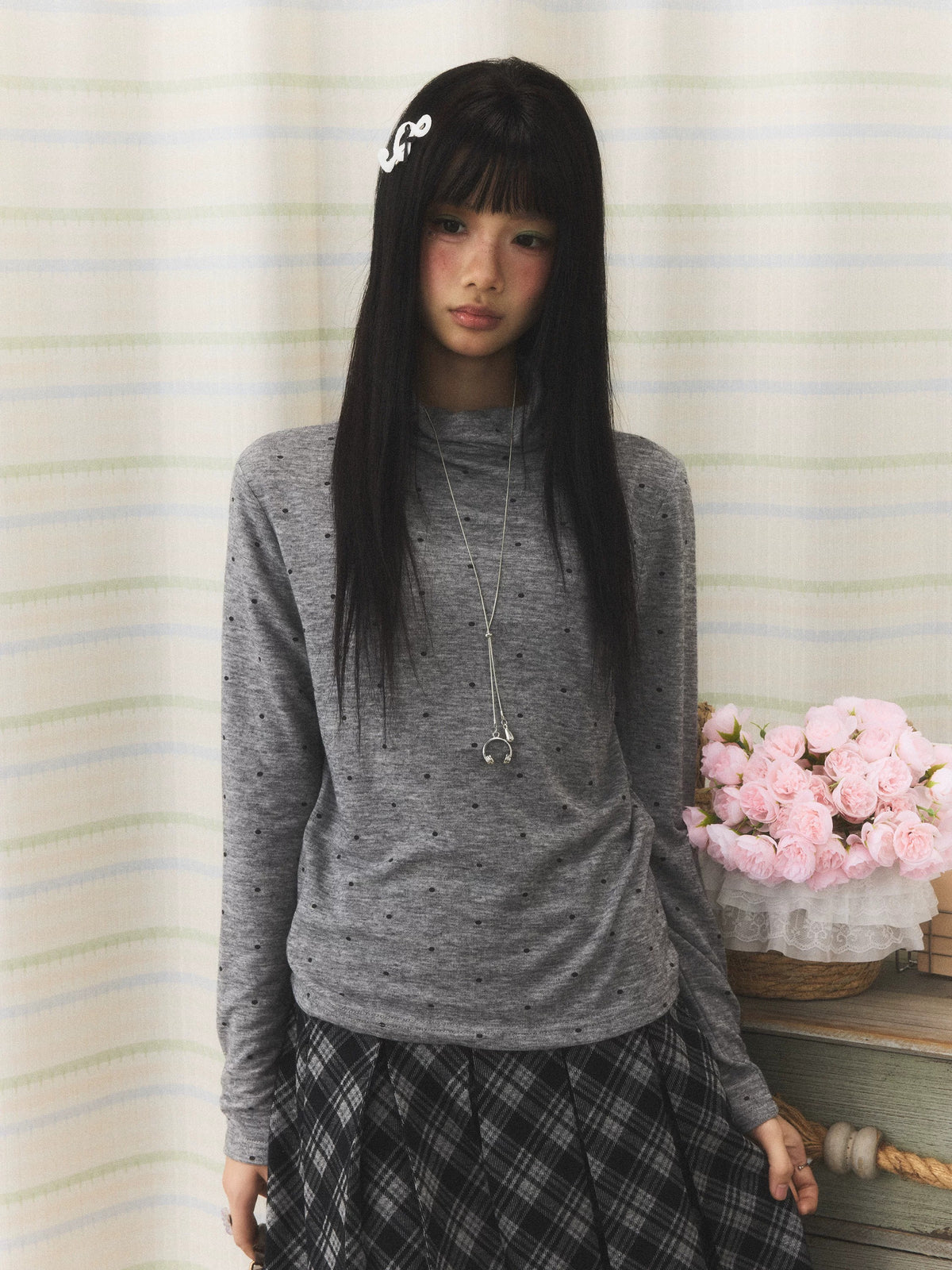 Polka Dot Mock-Neck Long Sleeve Top