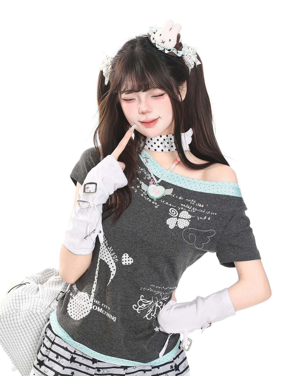Music Note Faux-Layered Off-Shoulder Fitted Tee