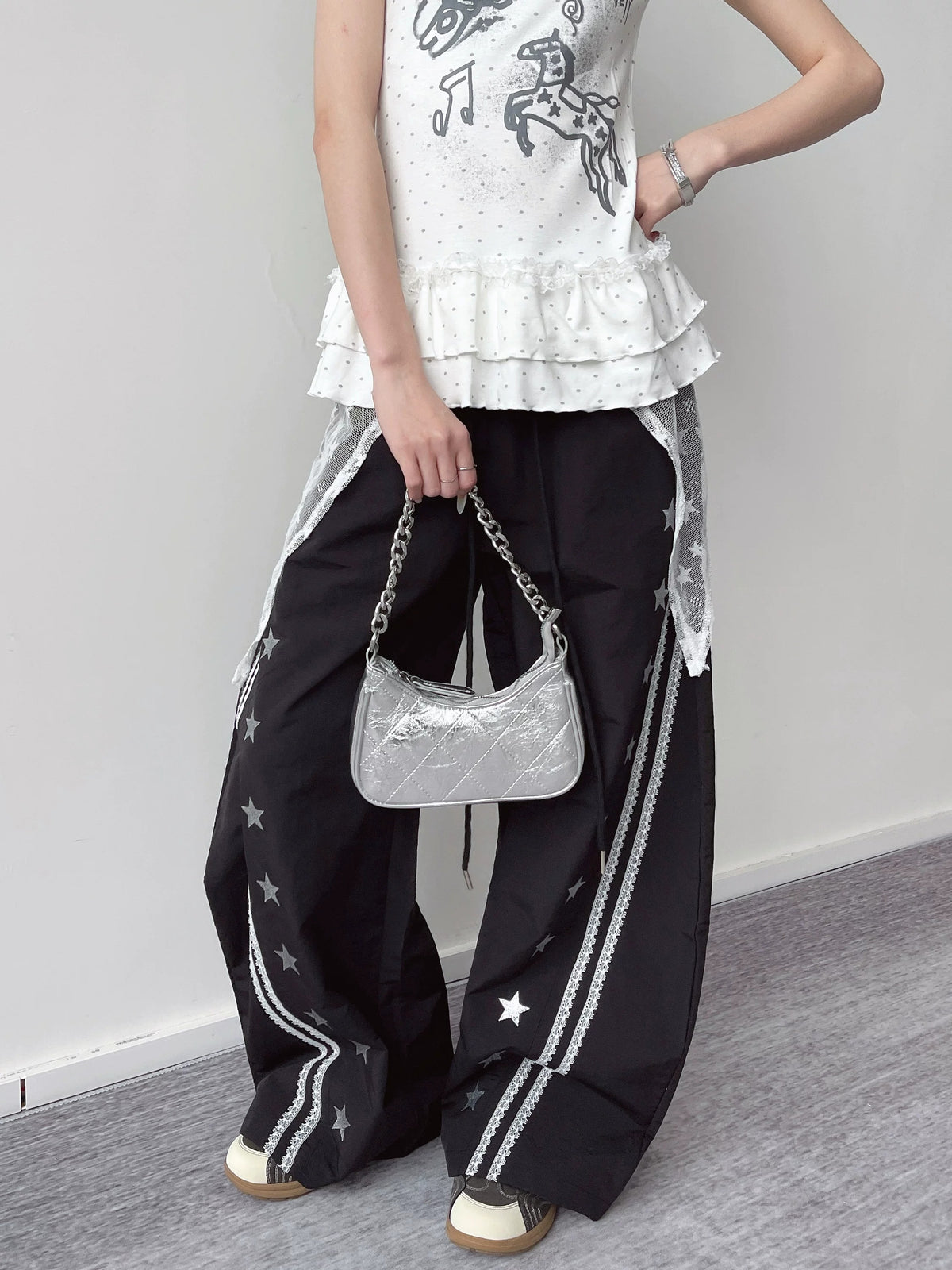 Star Lace Overlay Wide-Leg Parachute Pants