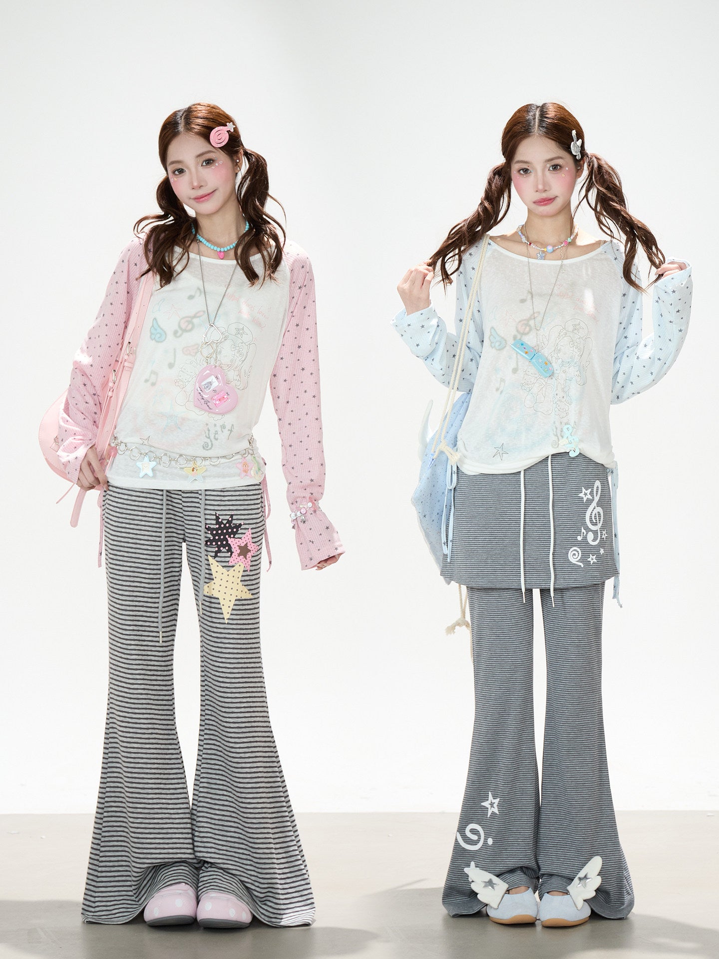 Dreamy Star Raglan Long Sleeve Top & Gray Striped Star Flare Pants