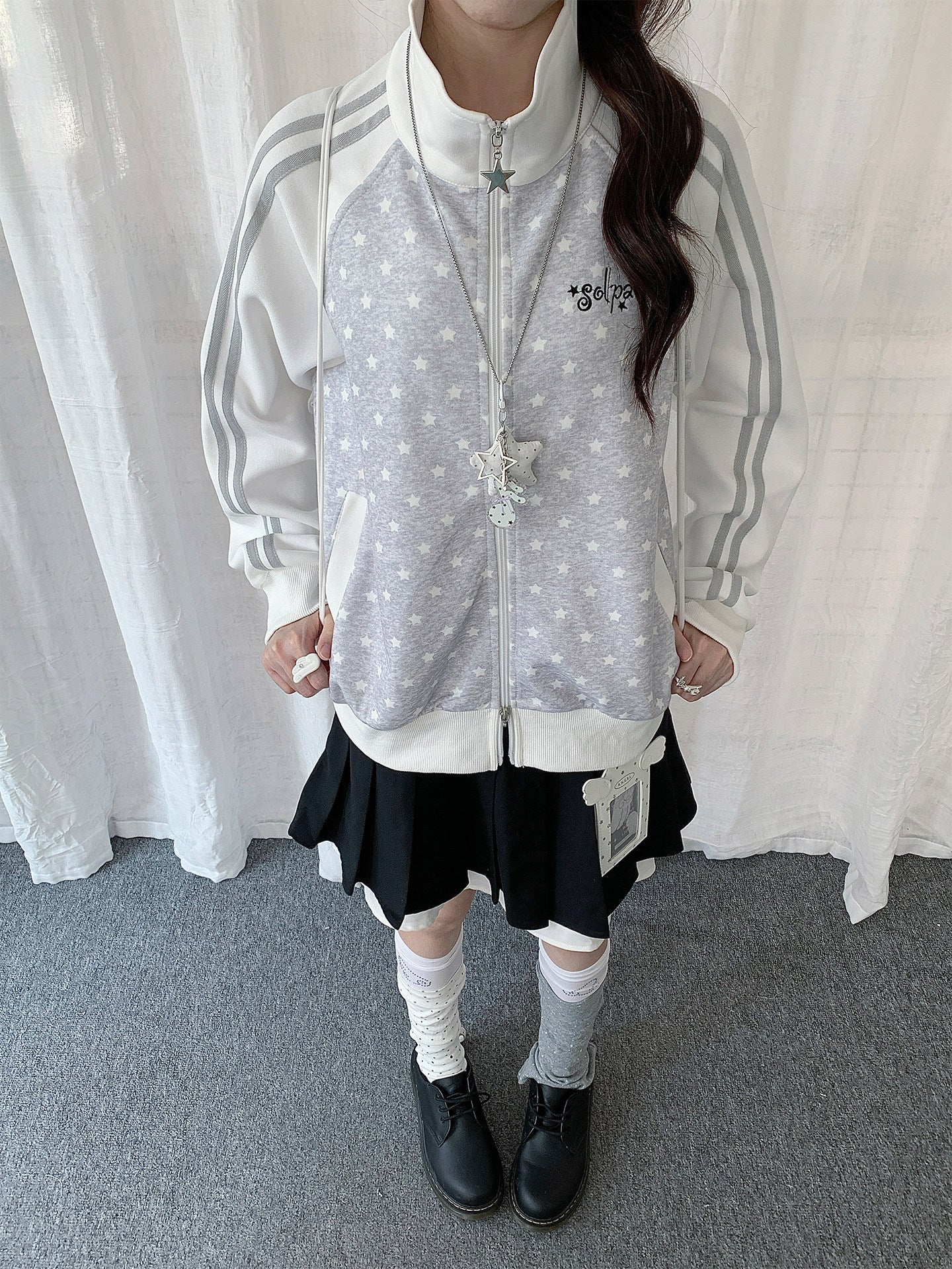 Gray Star Stripe Zip-Up Track Jacket
