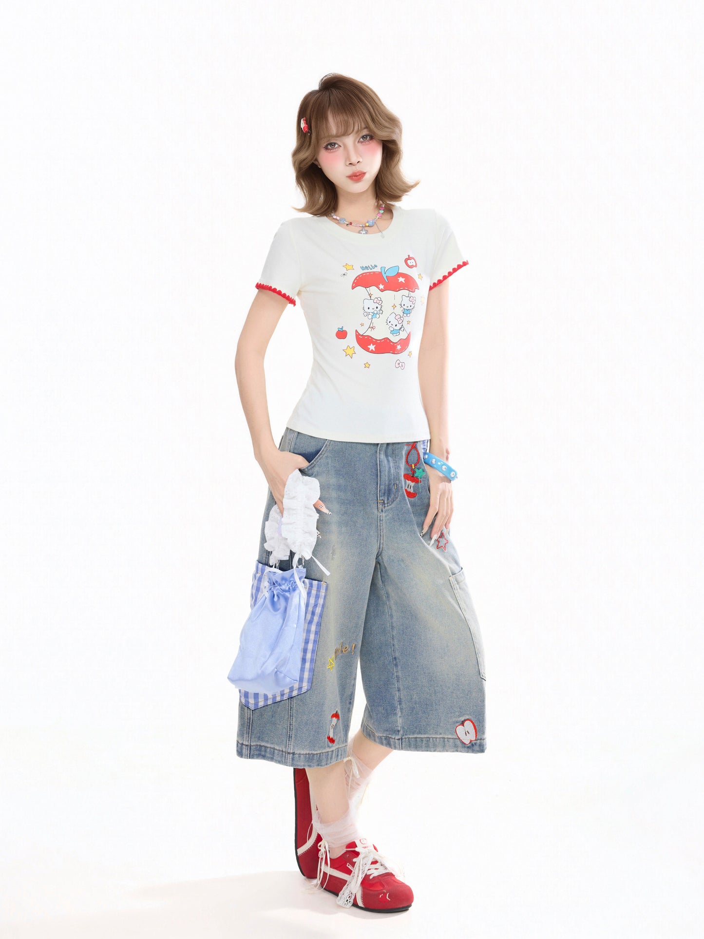 Apple Plaid Cropped Wide-Leg Jeans