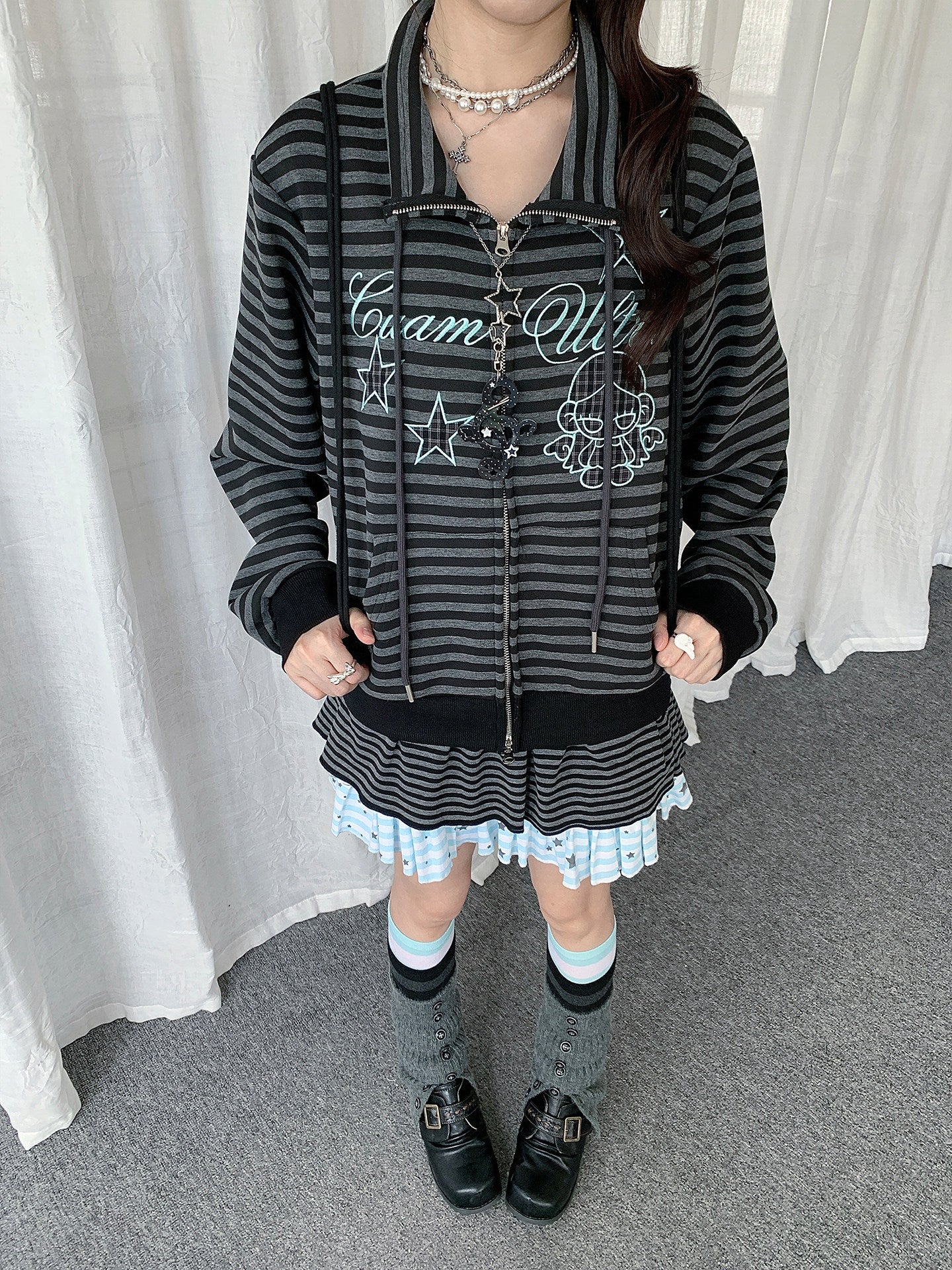 Star Charm Striped Embroidered Zip-Up Jacket