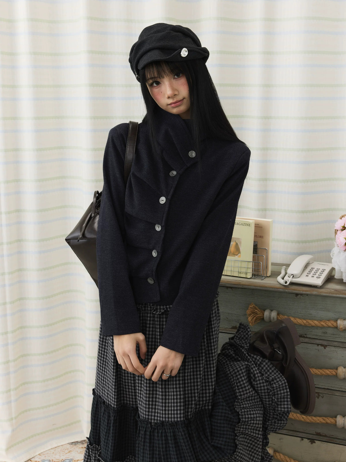 Asymmetric Pleated Collar Cropped Button Jacket