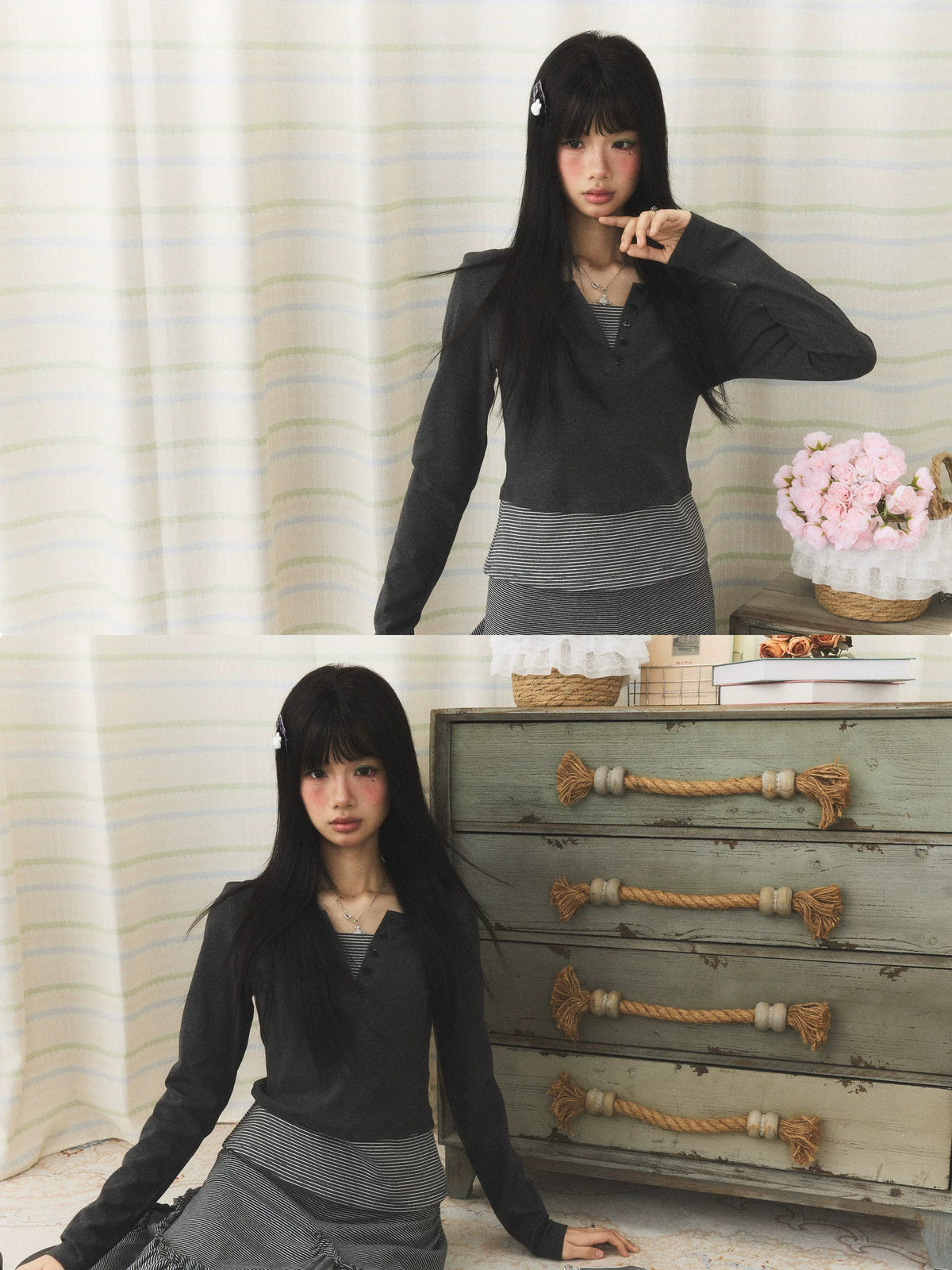 Striped Faux-Layer Halter Long Sleeve Top