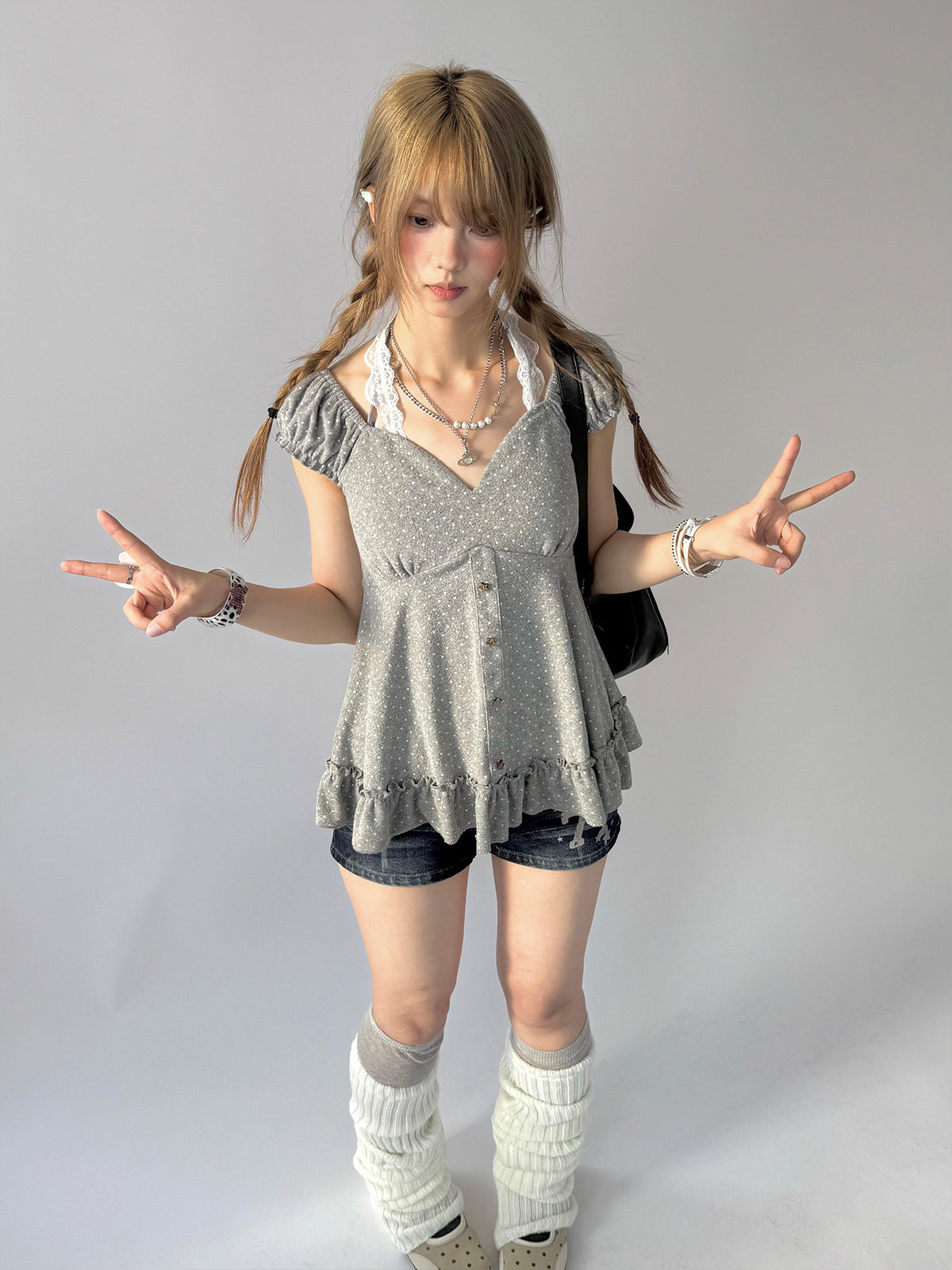 Polka Dot Lace Halter Ruffle Tee