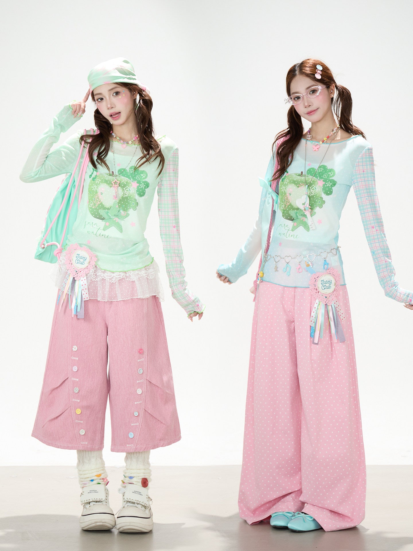 Apple Plaid Mesh Long Sleeve Top & Pink Polka Dot Wide Leg Pants