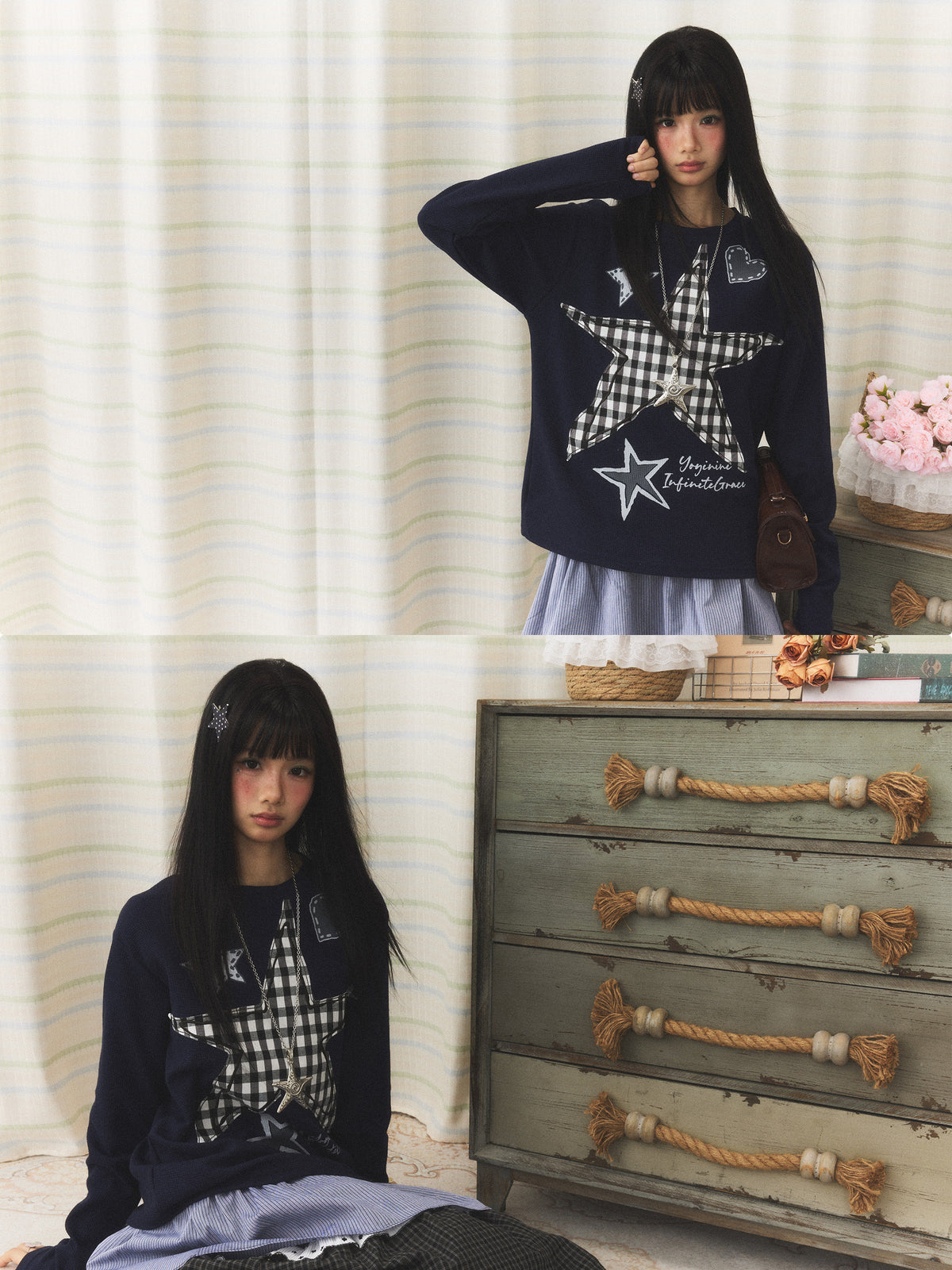 Plaid Star Patch Long Sleeve Top