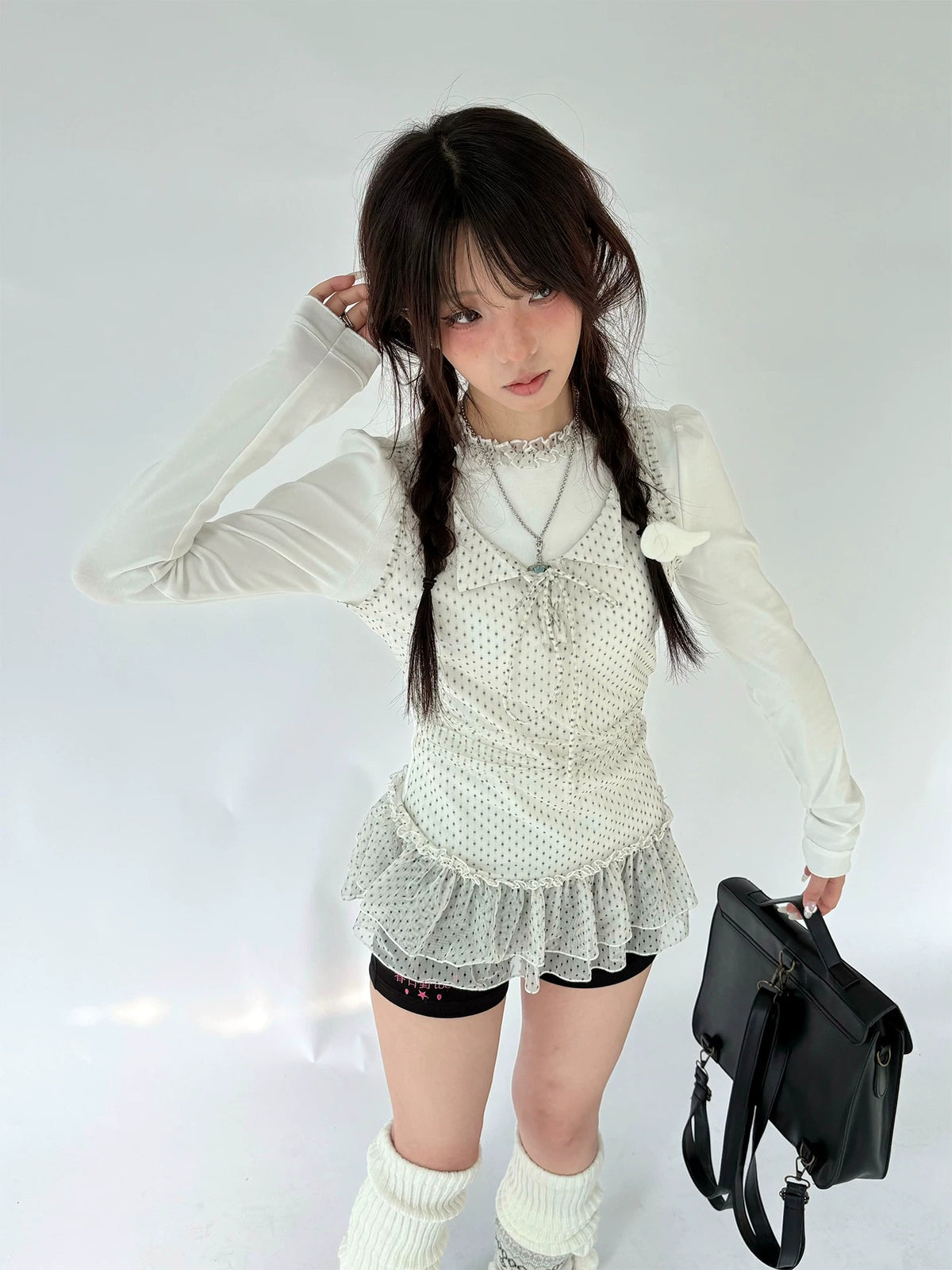 Polka Dot Mesh Ruffle Faux-Layered Long Sleeve Top