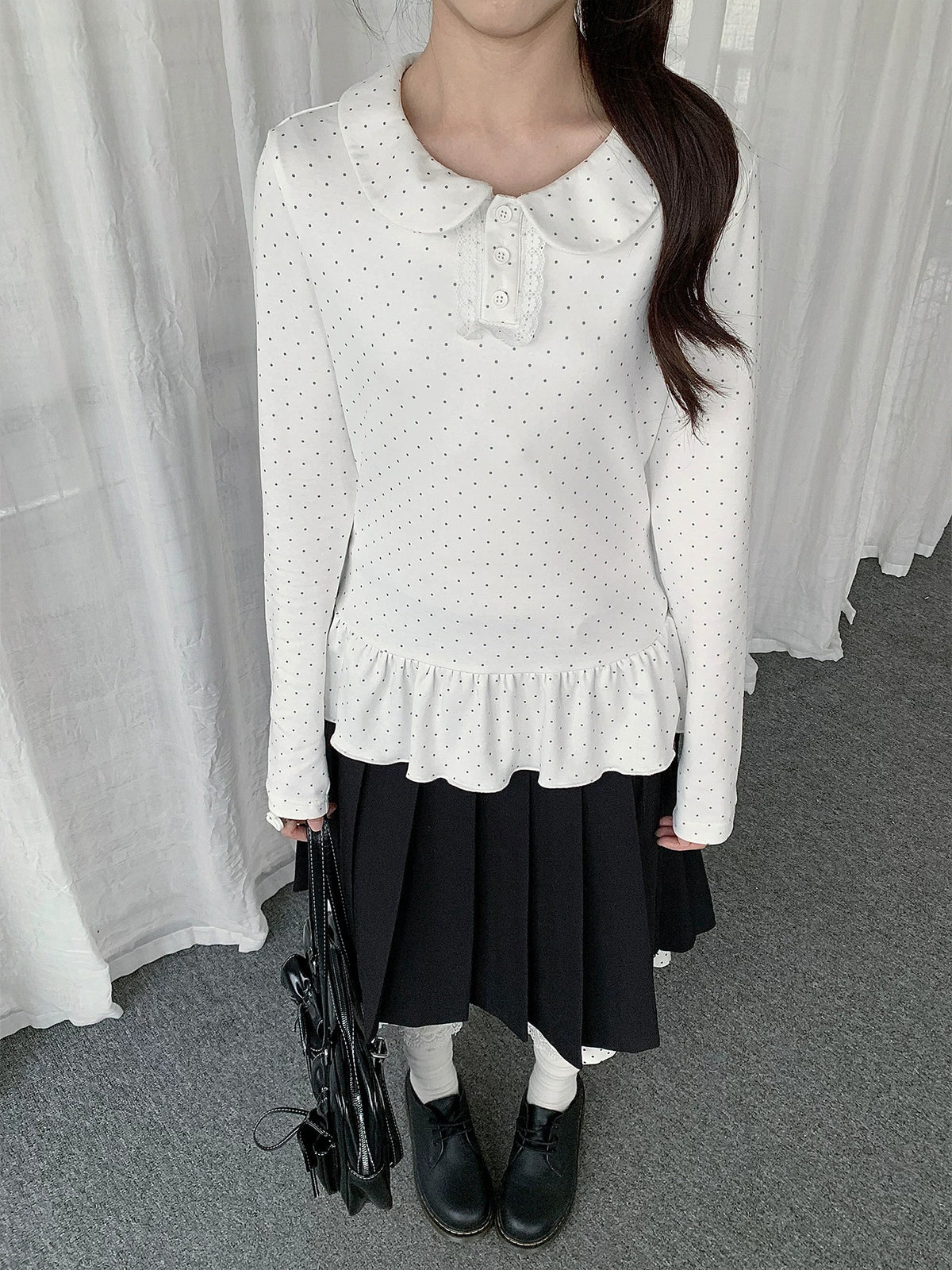 Black Bow Knit Sweater & Polka Dot Peter Pan Collar Two-Piece Set
