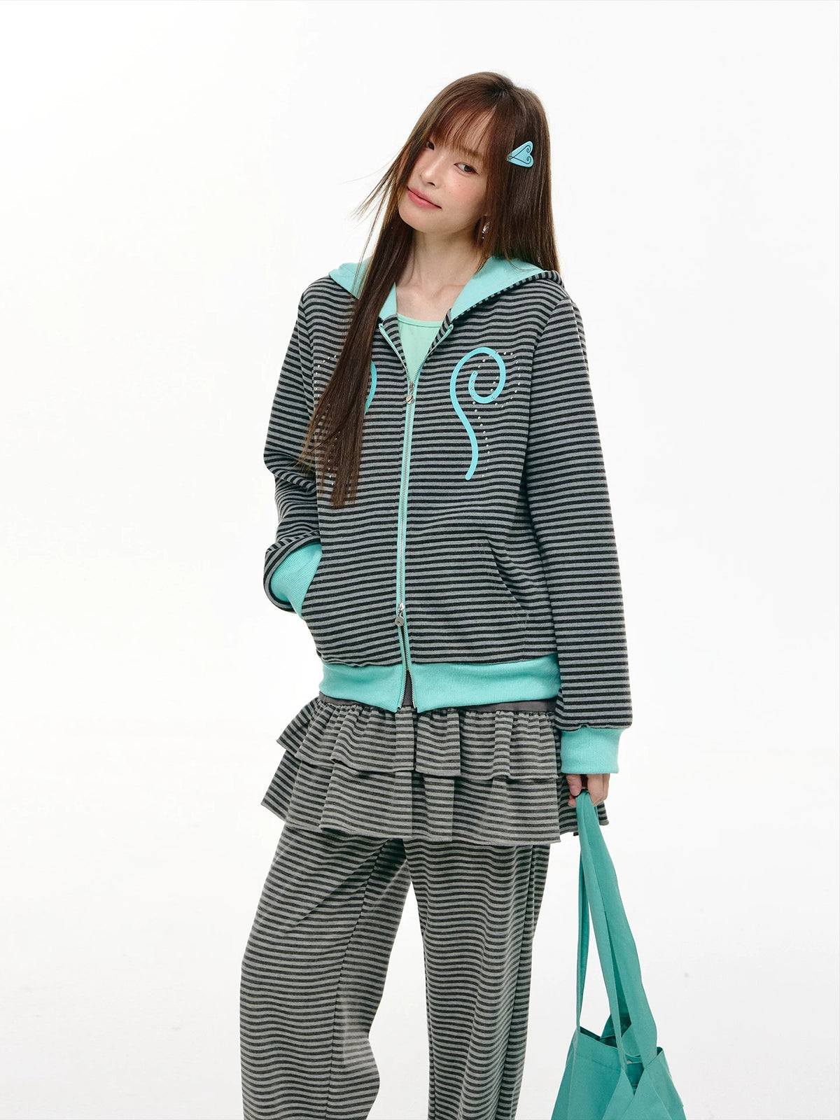 Mint Contrast Stripe Double-Zip Hoodie