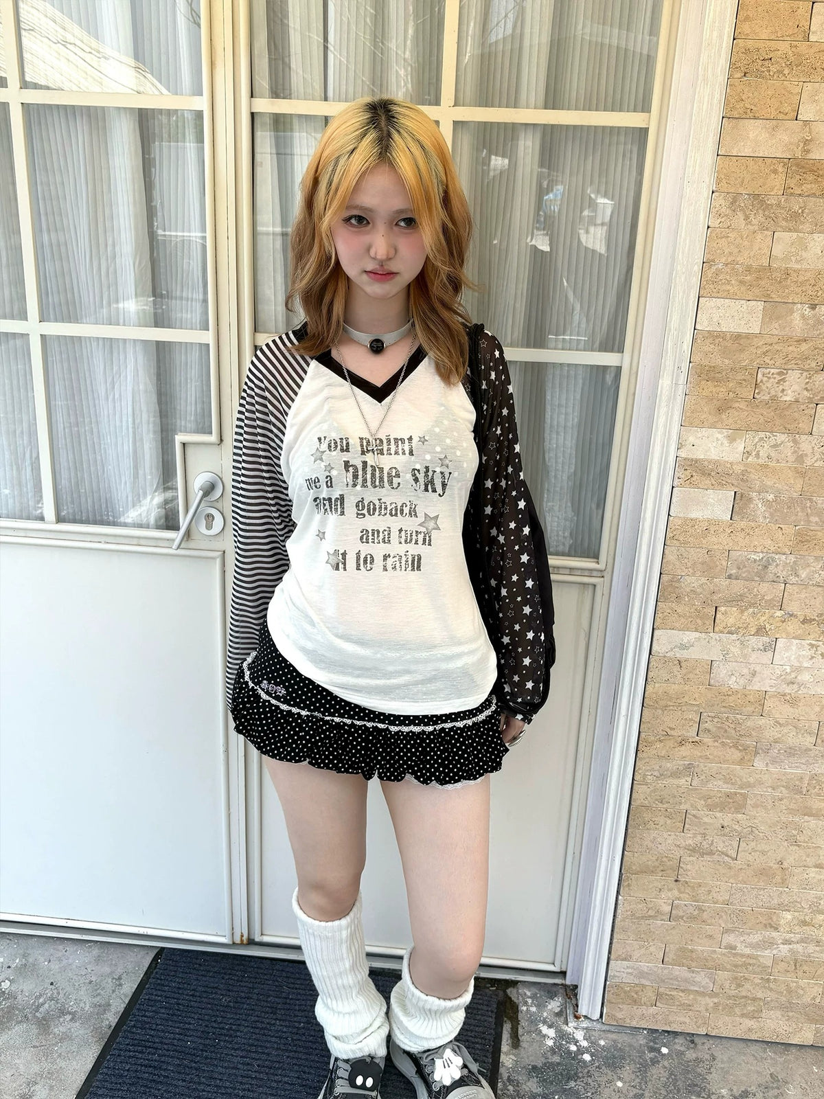Star Mesh Stripe Contrast Lyocell Long Sleeve Top