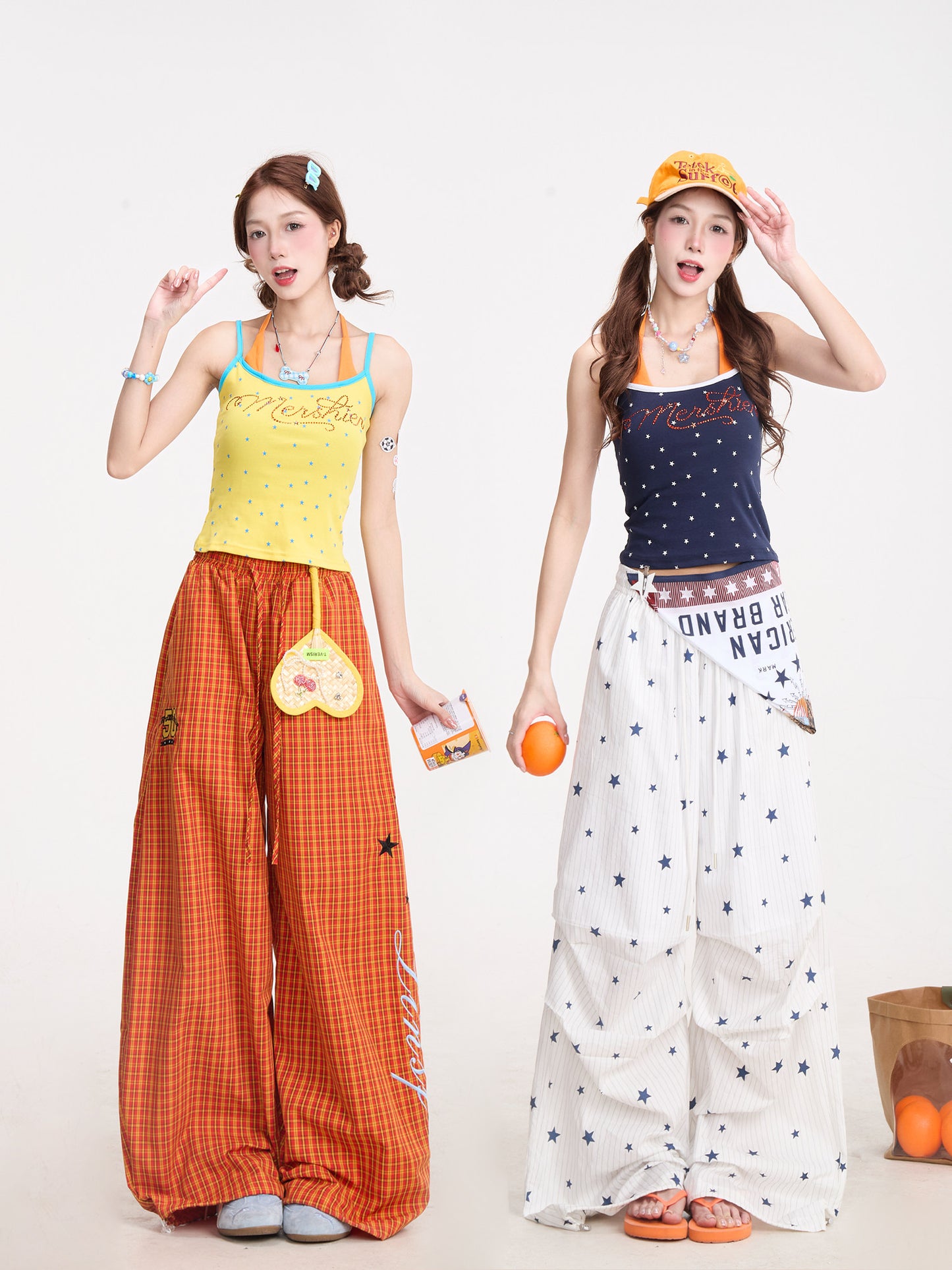 Starry Rhinestone Halter Cami & Plaid Wide-Leg Pants