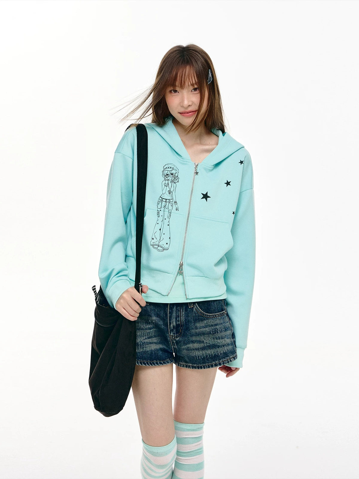 Mint Star Double-Zip Cropped Hoodie