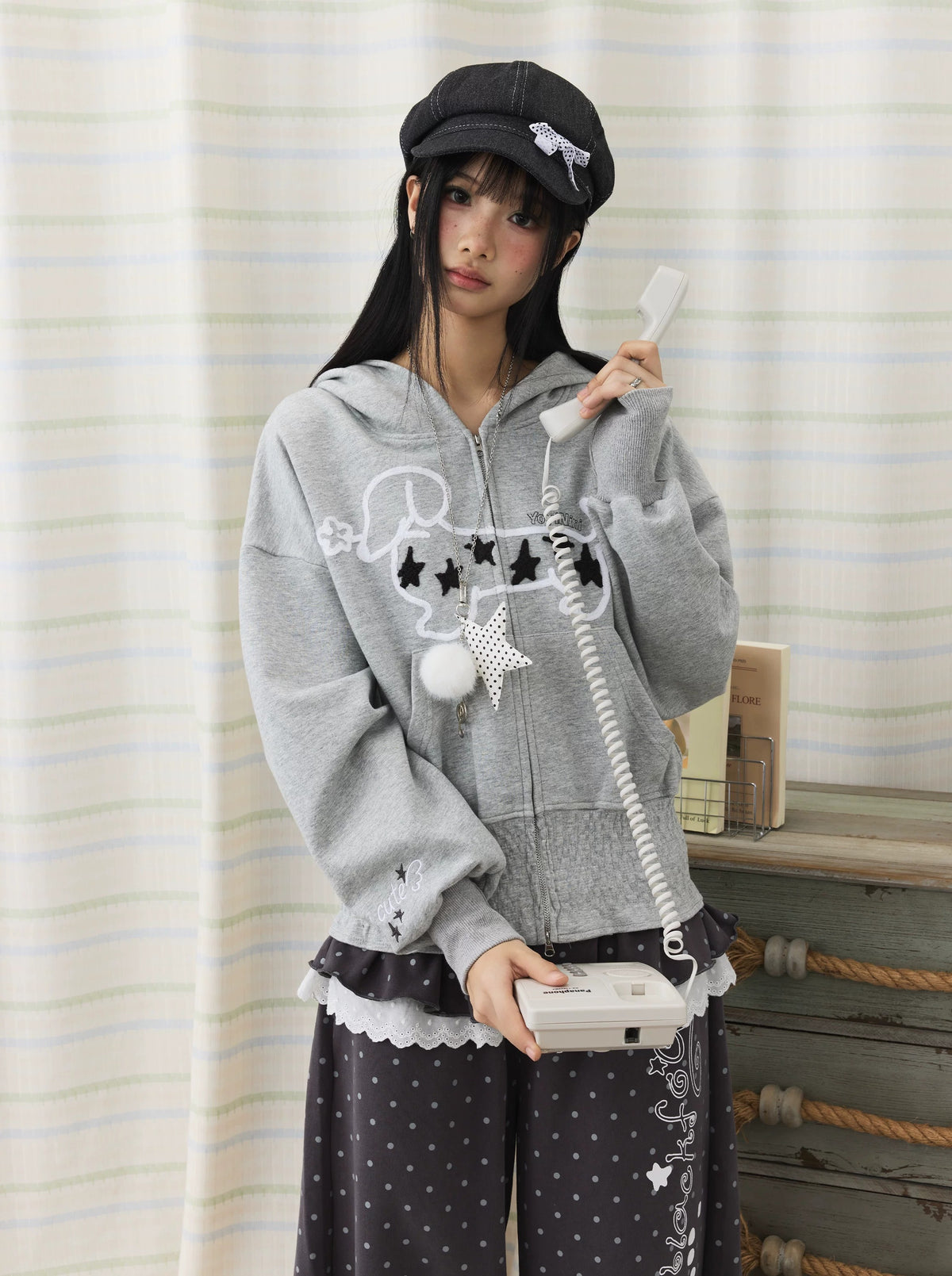 Star Puppy Smocked-Waist Zip-Up Hoodie
