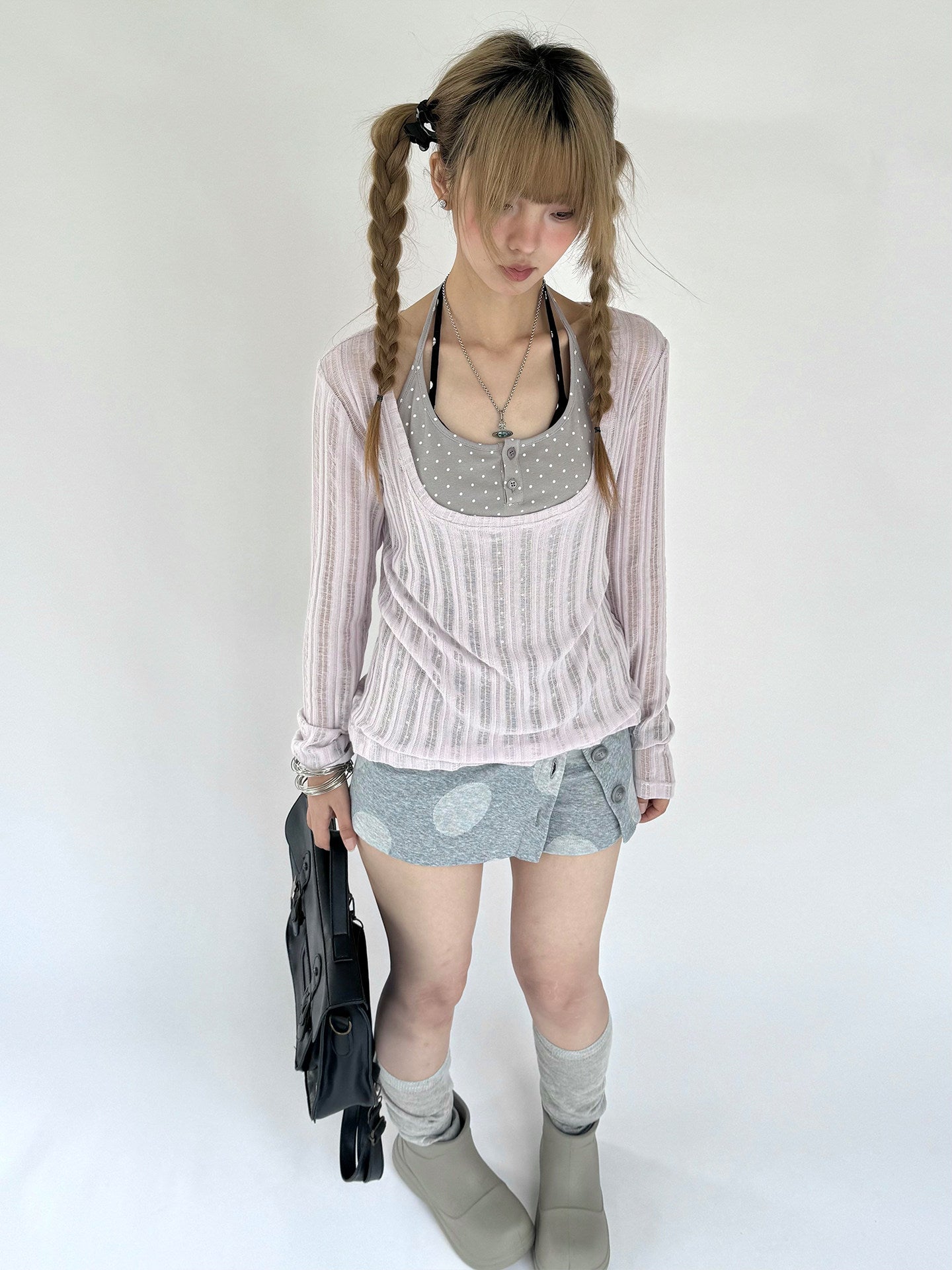 Wisteria Open-Knit Faux-Layer Long Sleeve Top