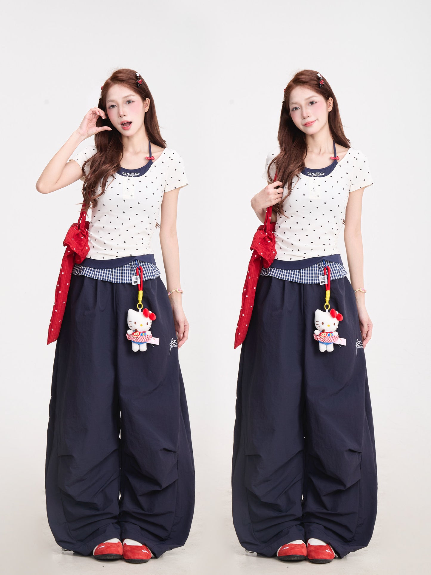Polka Dot Baby Tee & Navy Wide-Leg Pants
