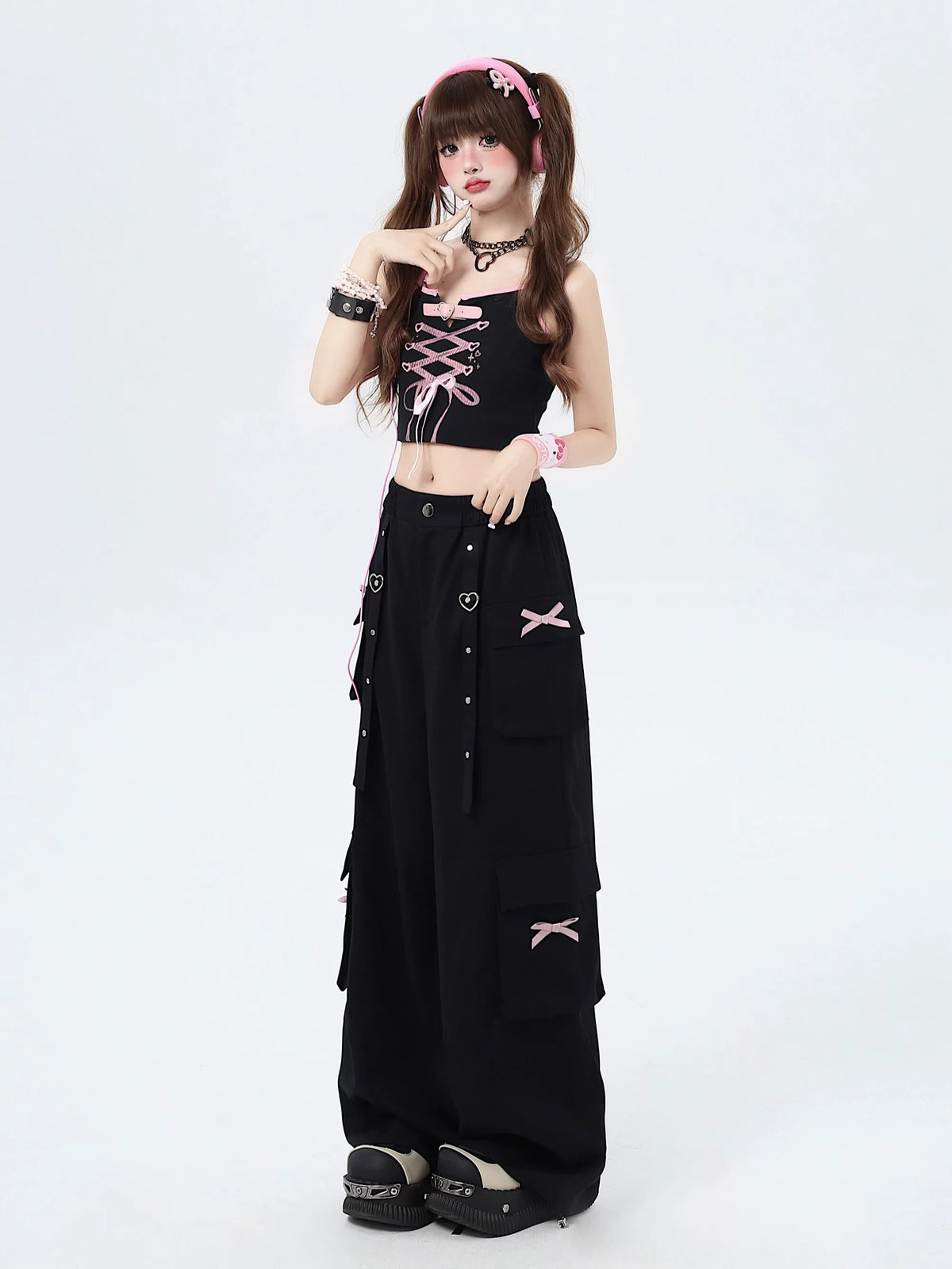 Heart Bow Pocket Wide-Leg Cargo Pants