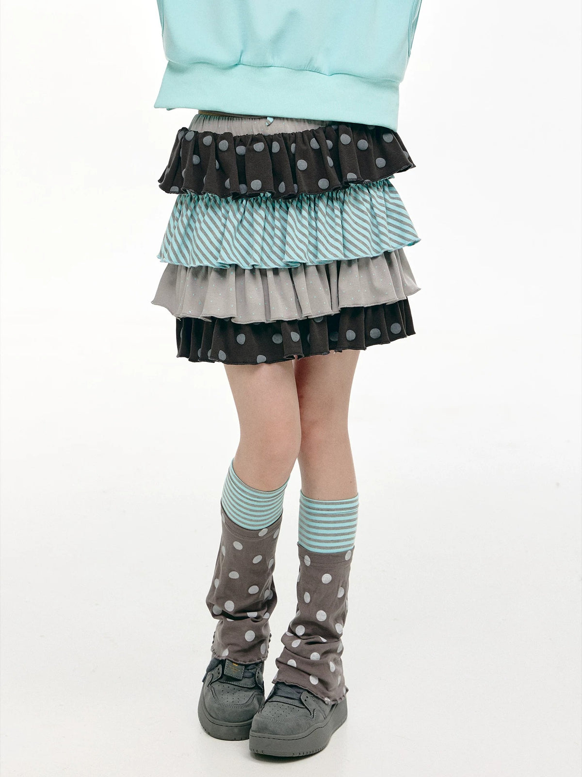 Gray Green Polka Dot & Stripe Tiered Mini Skirt